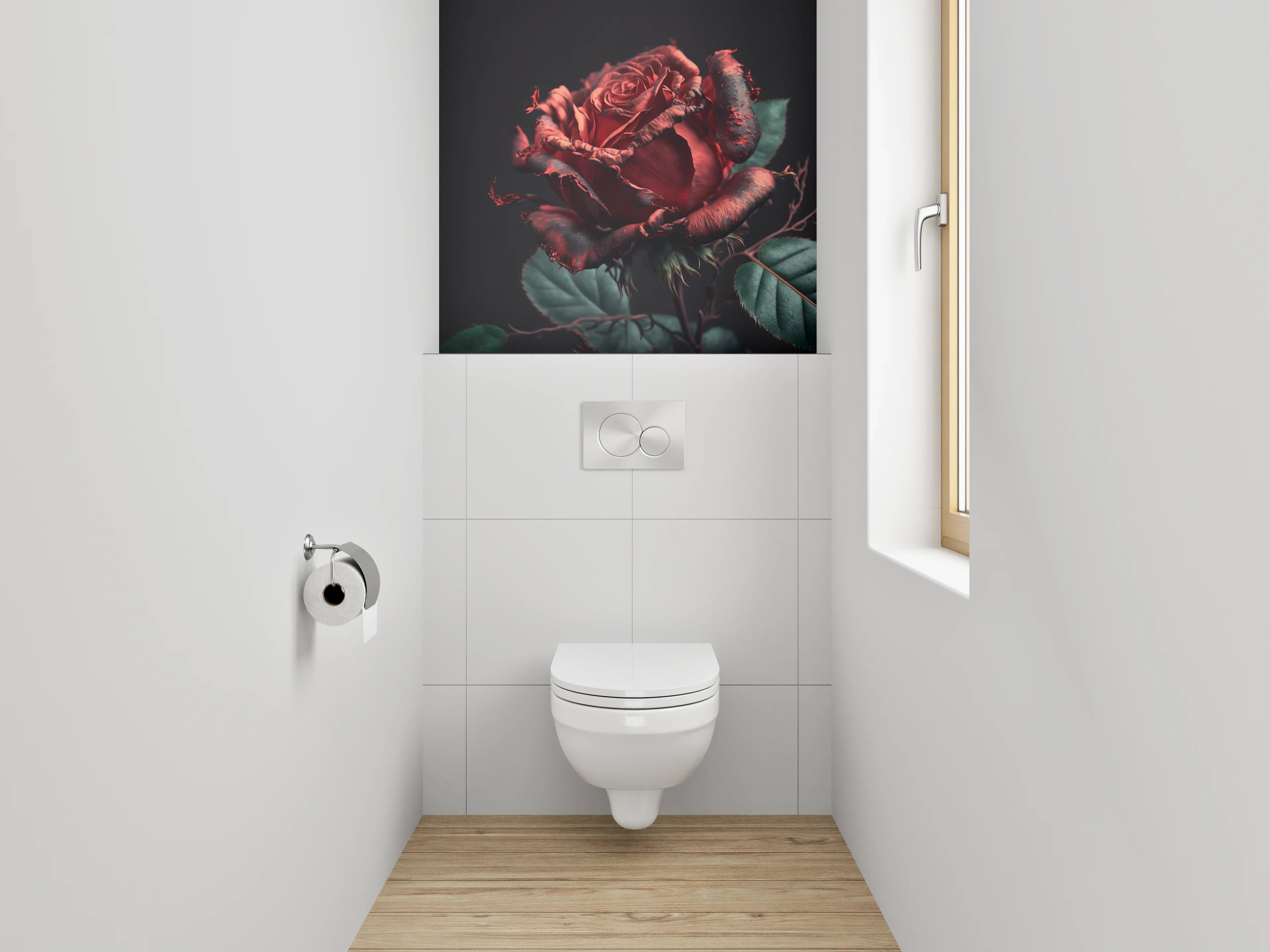 WC-Rückwand - Dramatische rote Rose auf dunklem Grund
