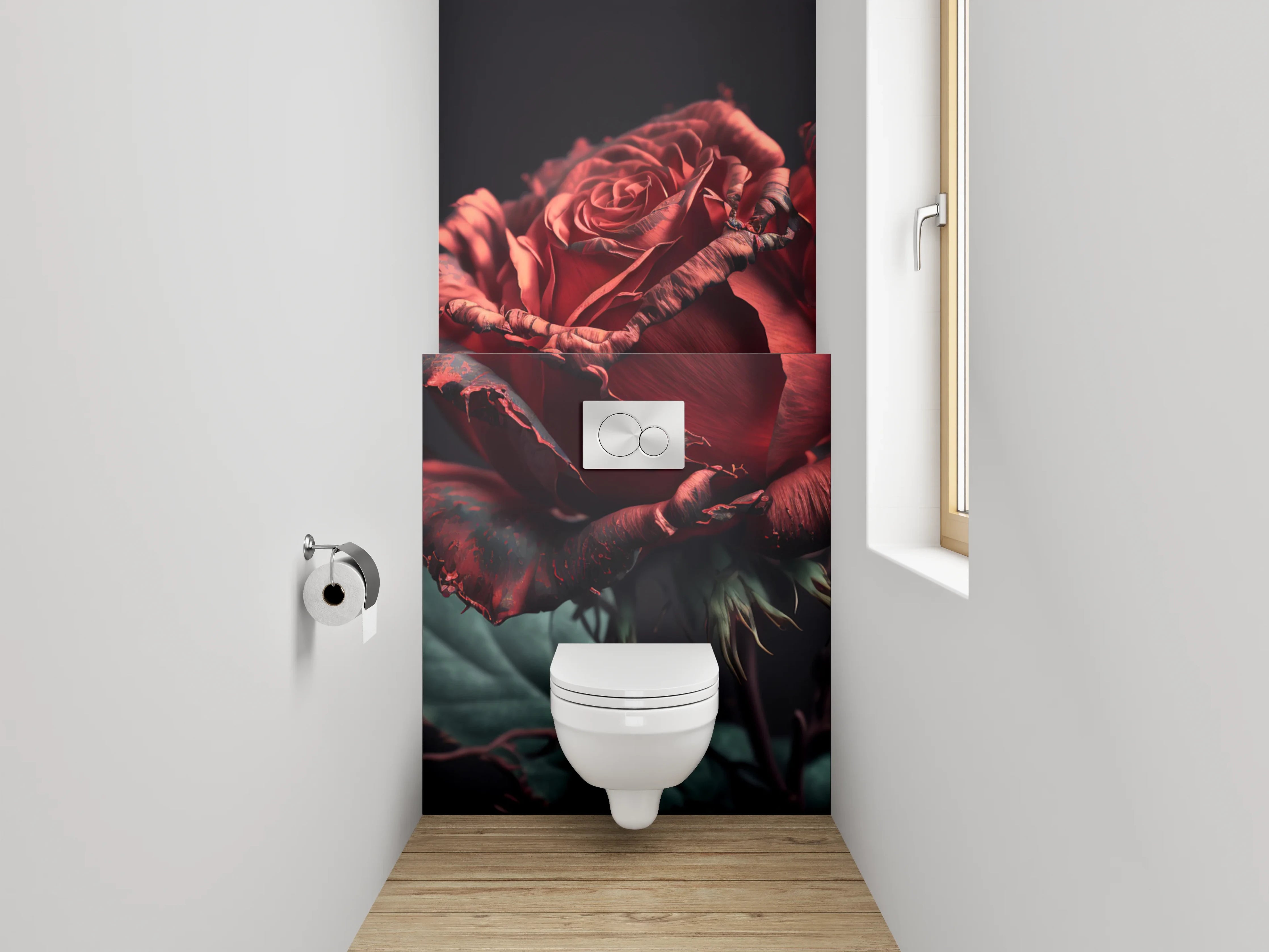 WC-Rückwand - Dramatische rote Rose auf dunklem Grund