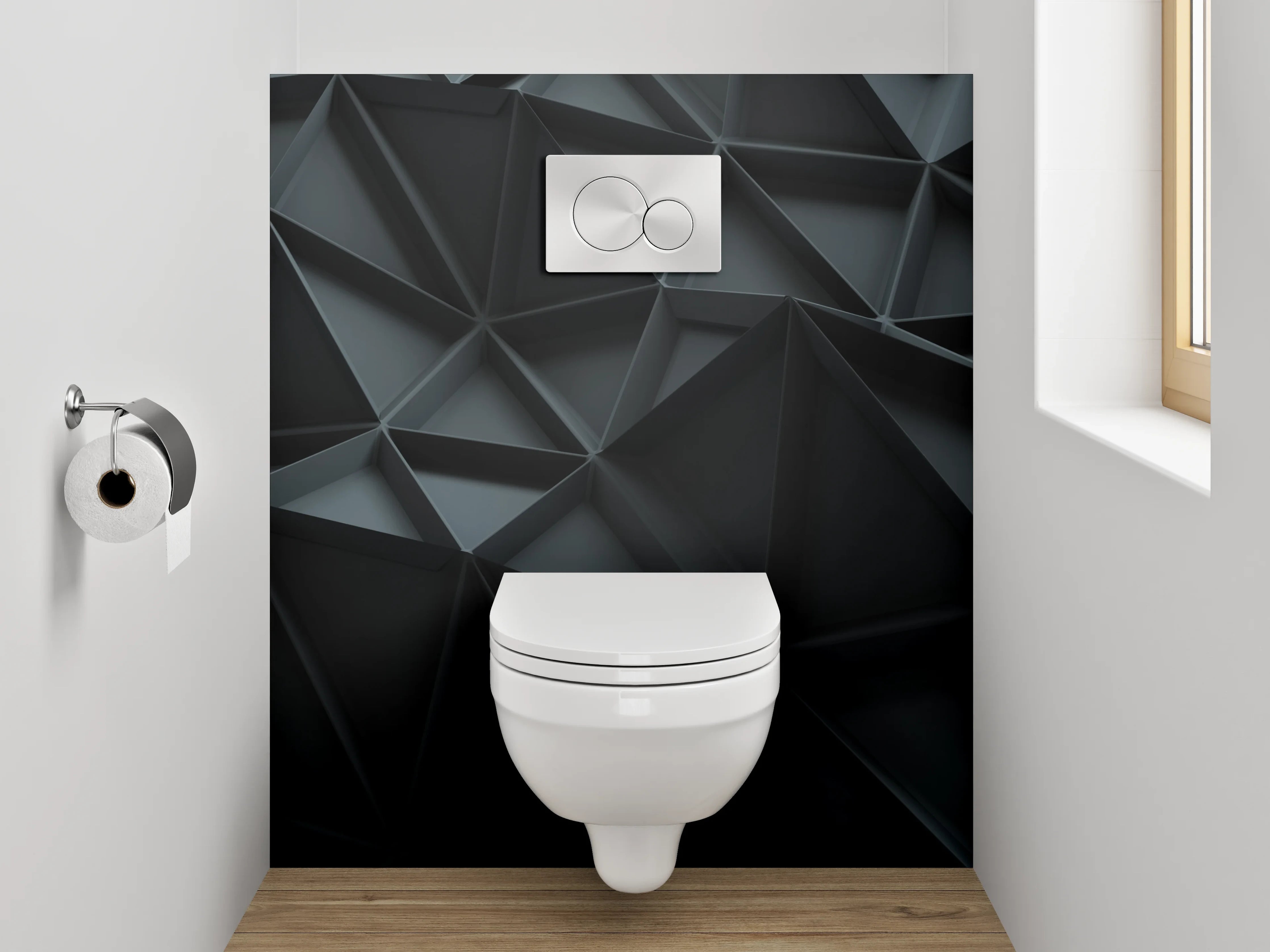 WC-Rückwand - Dreidimensionales schwarzes Polygon-Muster