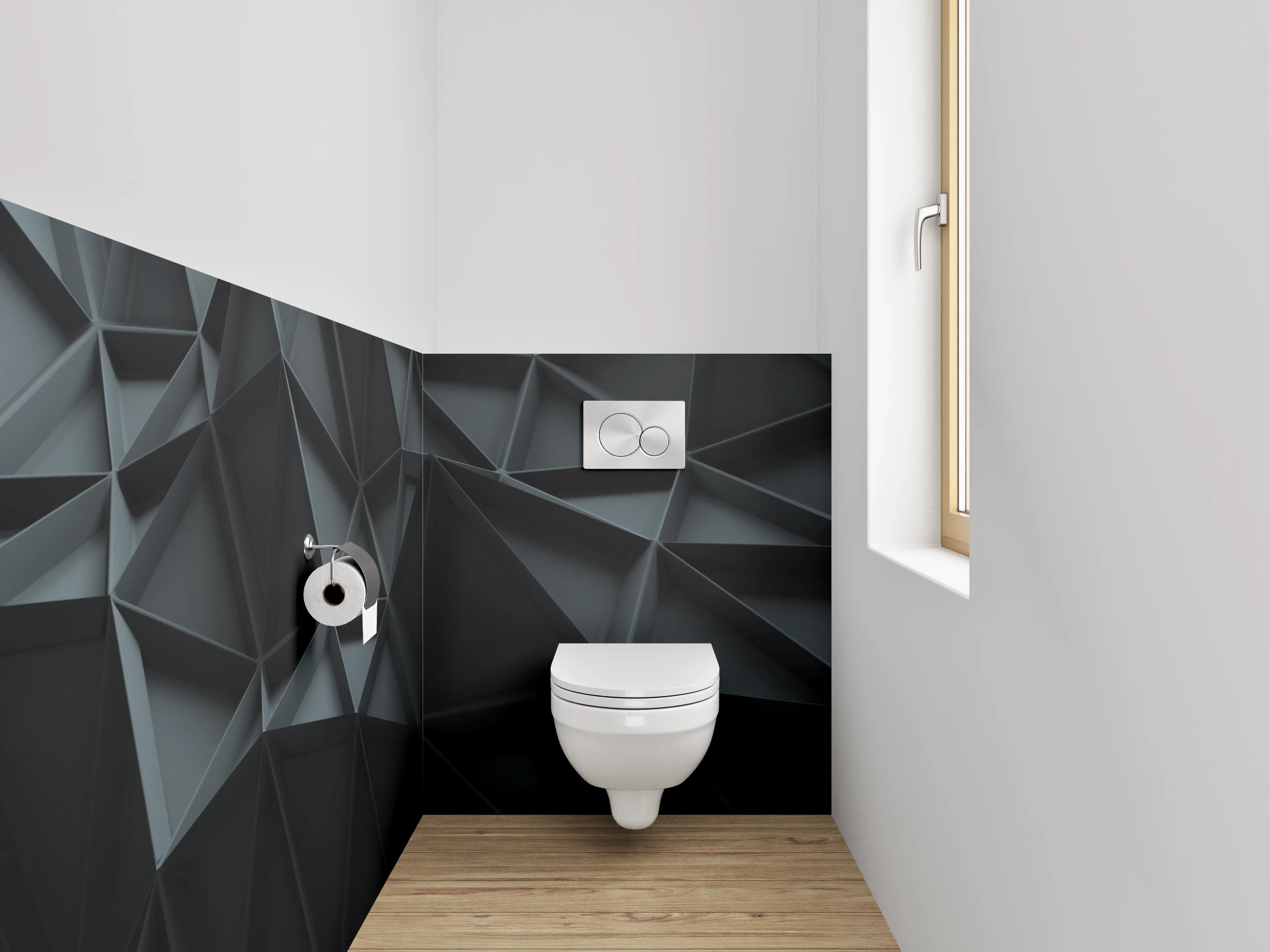 WC-Rückwand - Dreidimensionales schwarzes Polygon-Muster