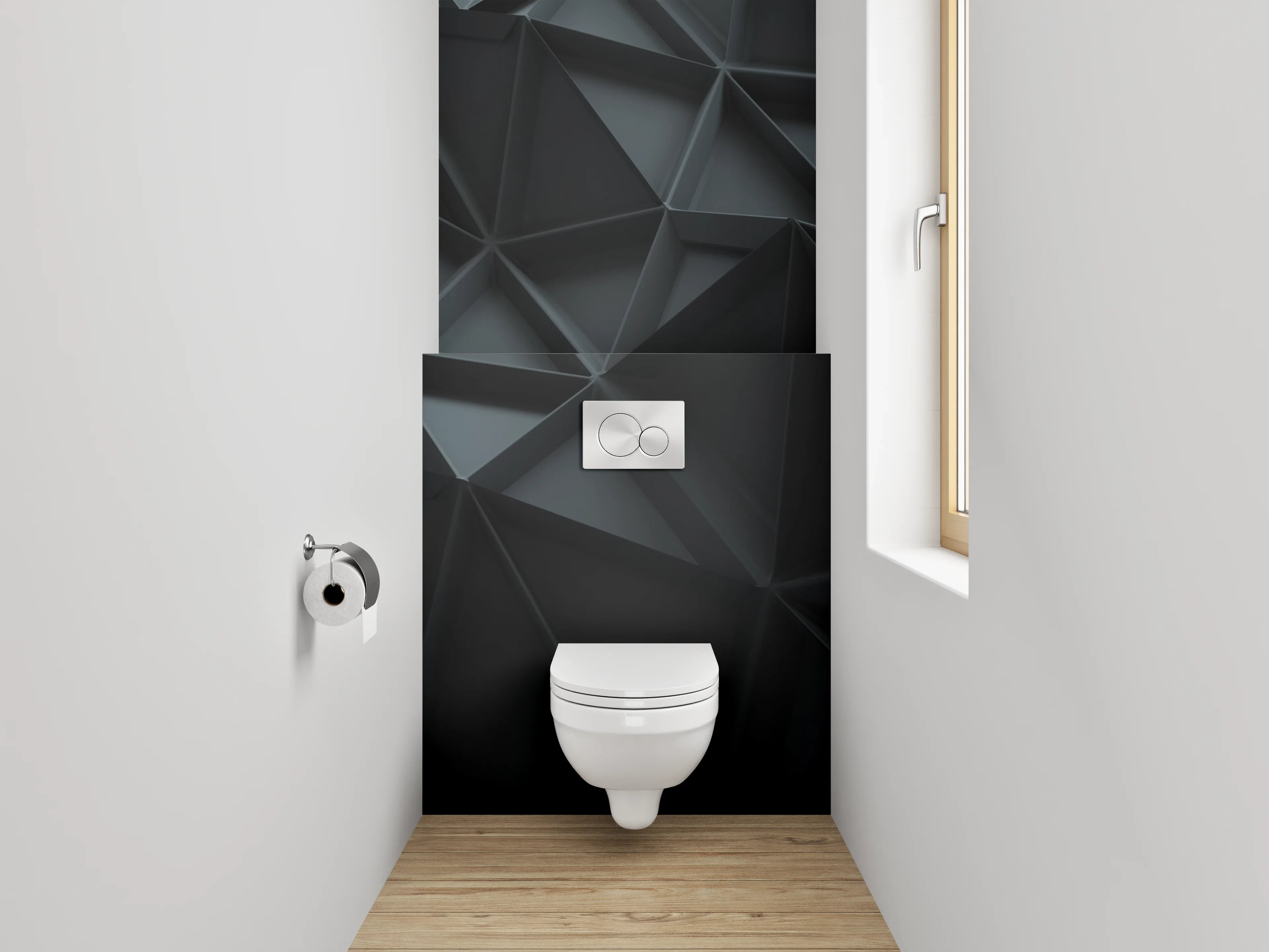WC-Rückwand - Dreidimensionales schwarzes Polygon-Muster