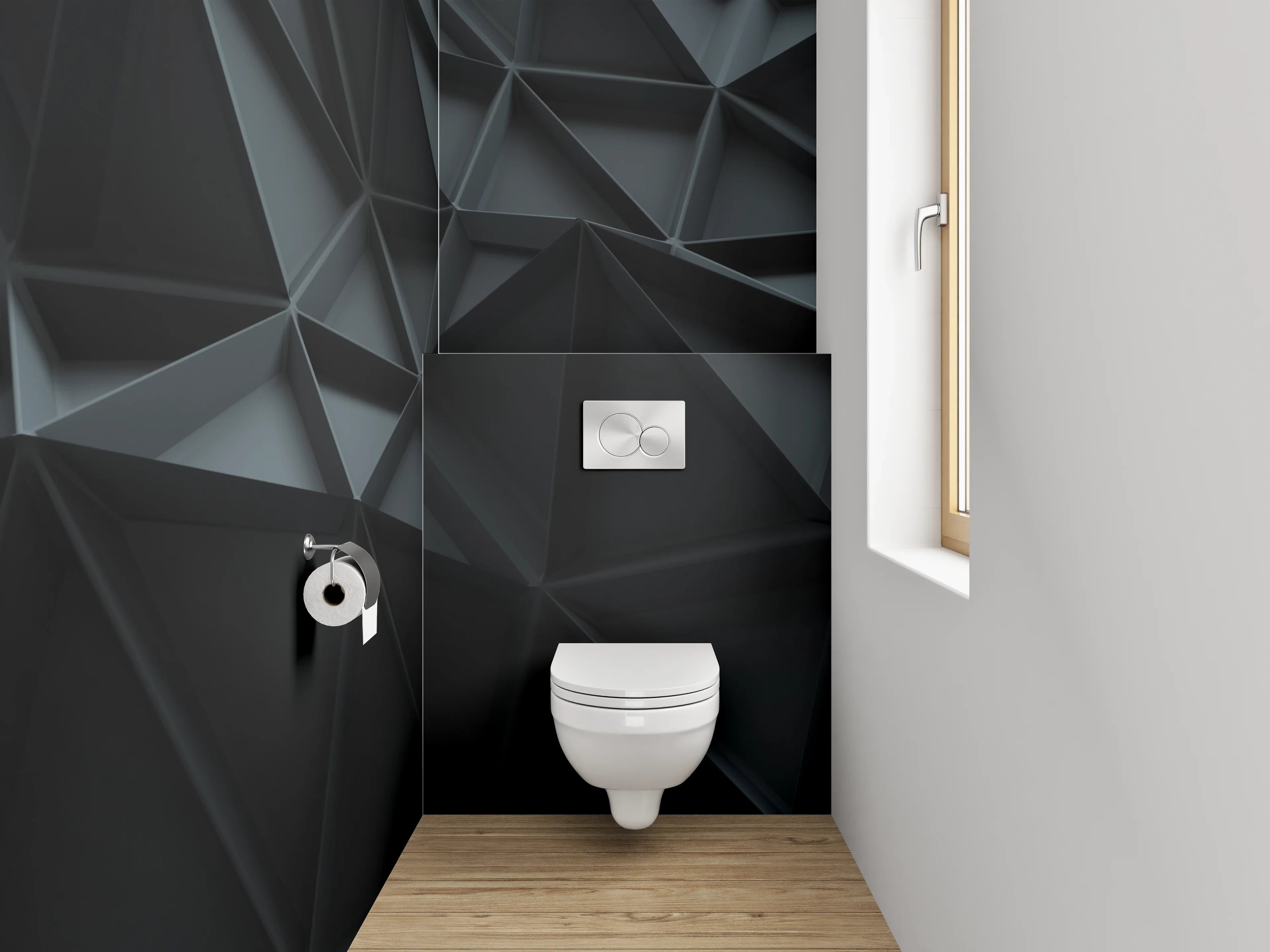 WC-Rückwand - Dreidimensionales schwarzes Polygon-Muster