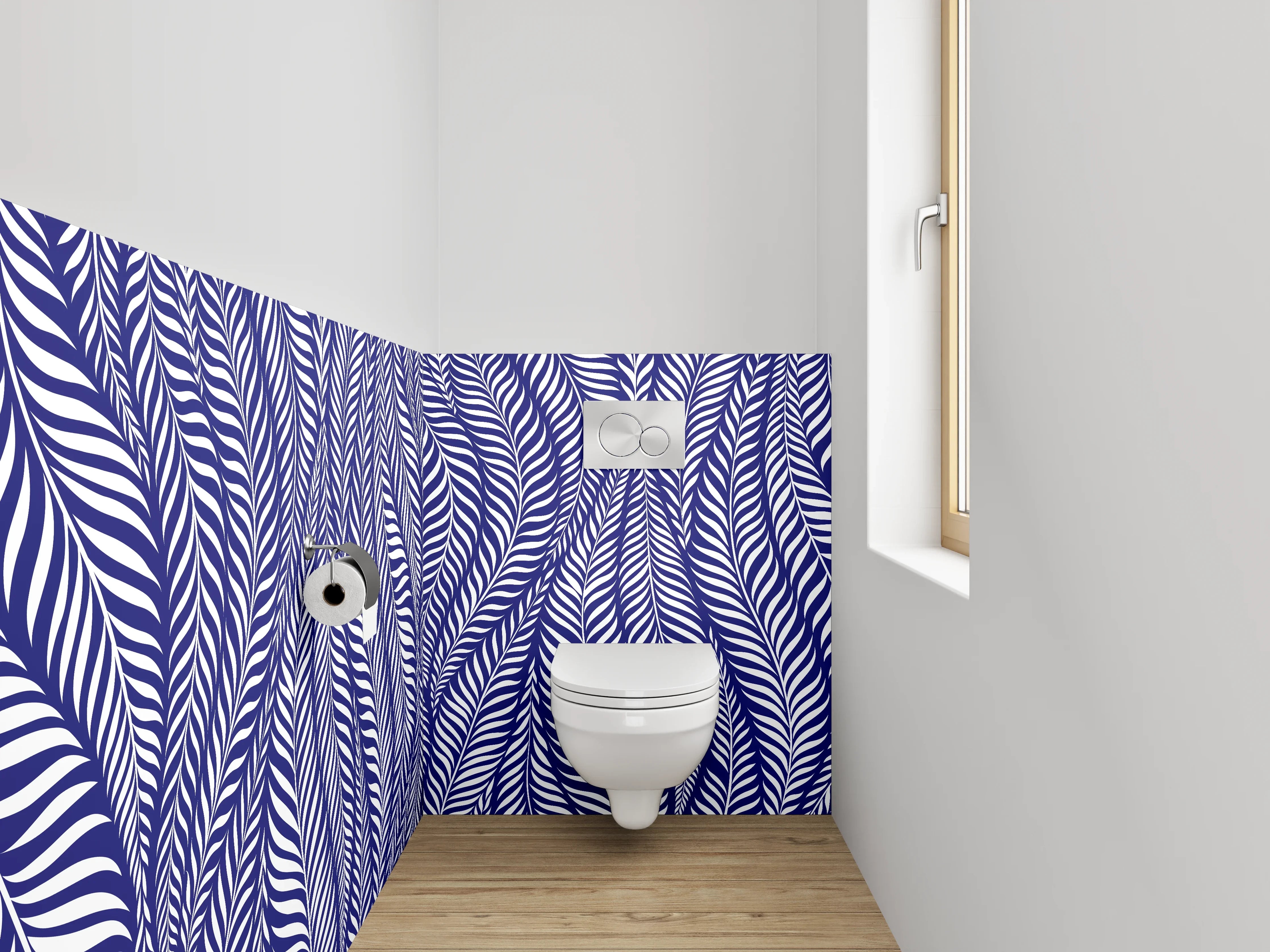 WC-Rückwand - Dunkelblaues Blättermuster modern minimalistisch
