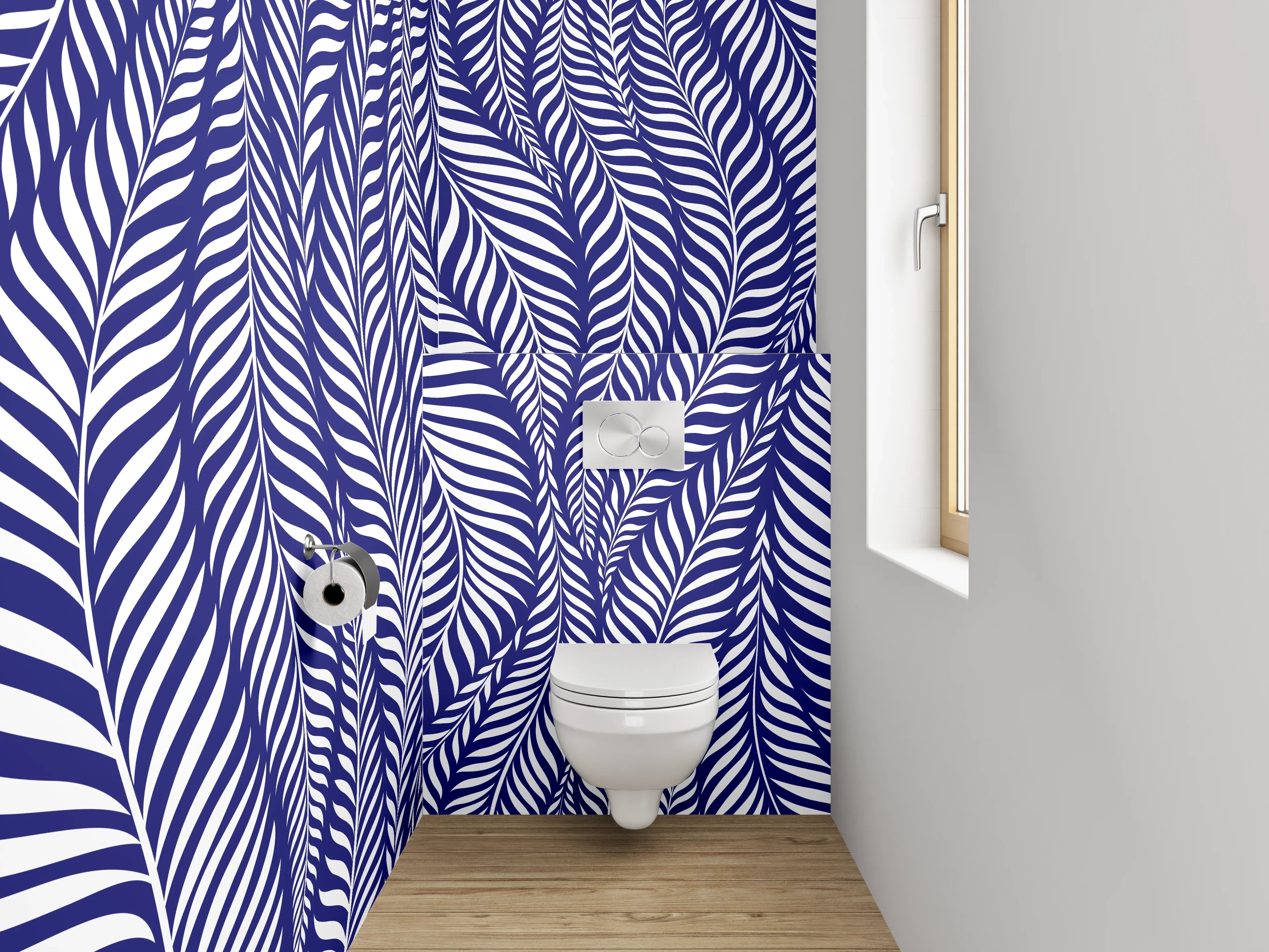 WC-Rückwand - Dunkelblaues Blättermuster modern minimalistisch
