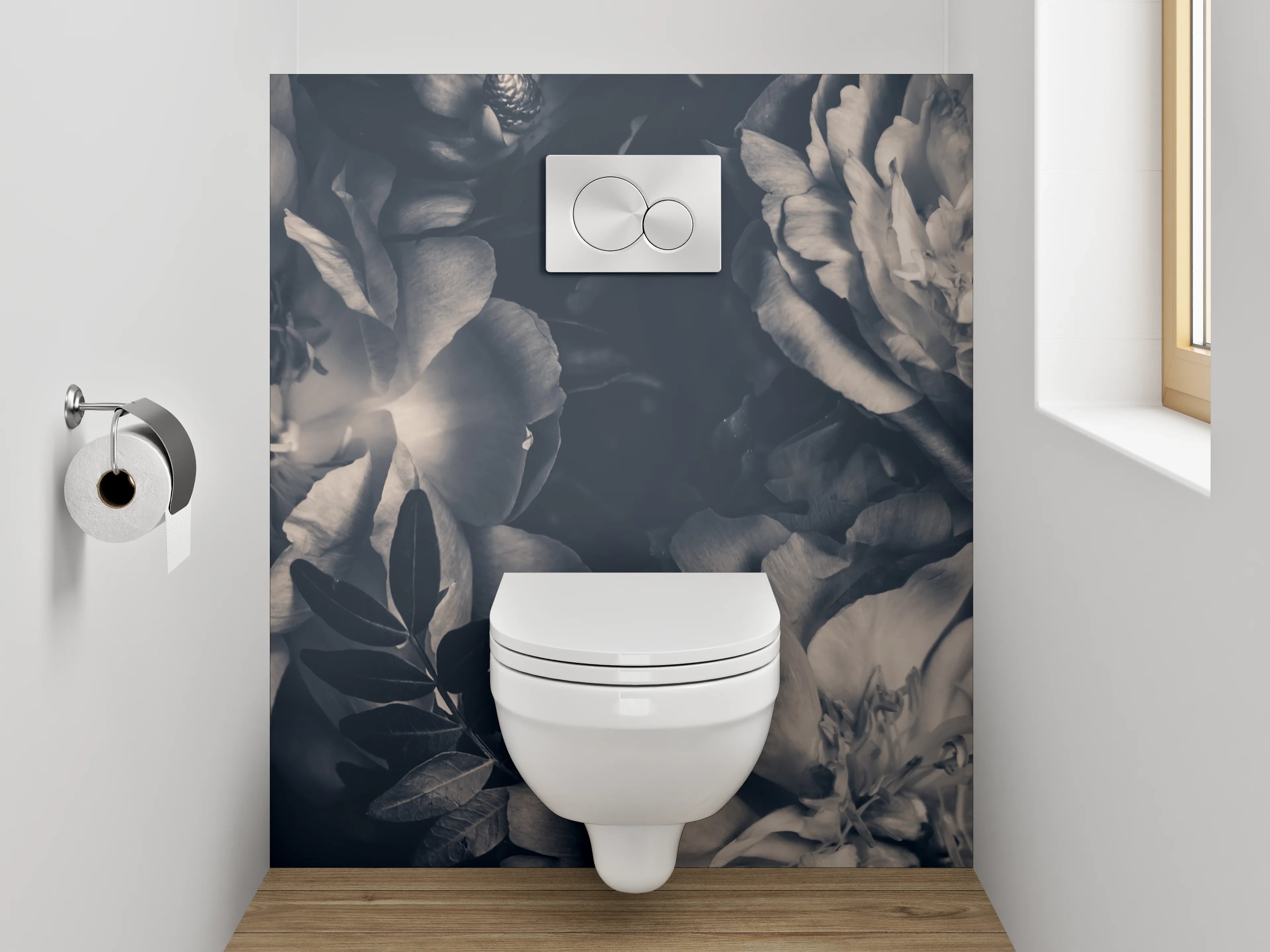 WC-Rückwand - Dunkle Vintage-Blumen Schwarz-Weiß