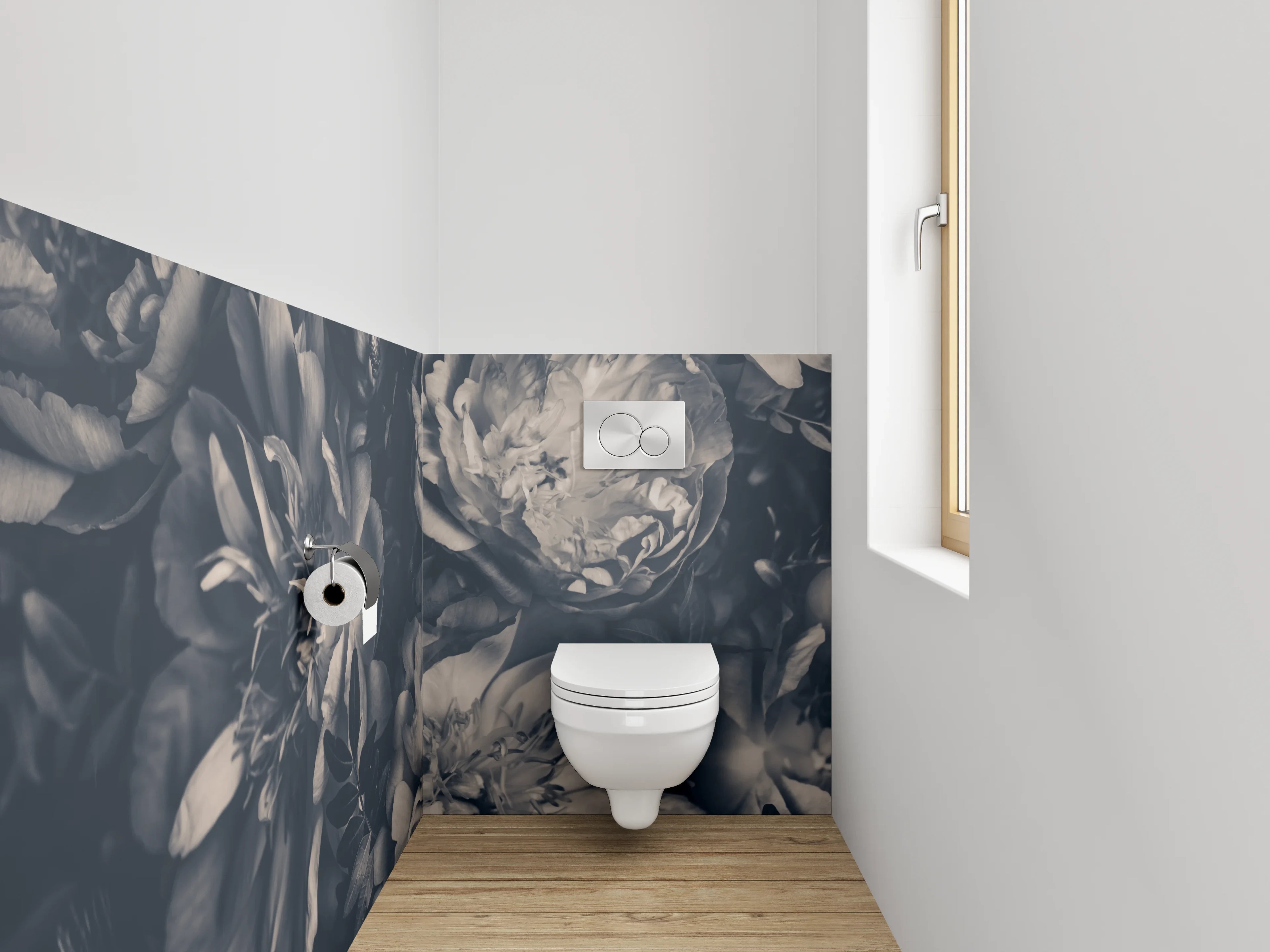 WC-Rückwand - Dunkle Vintage-Blumen Schwarz-Weiß