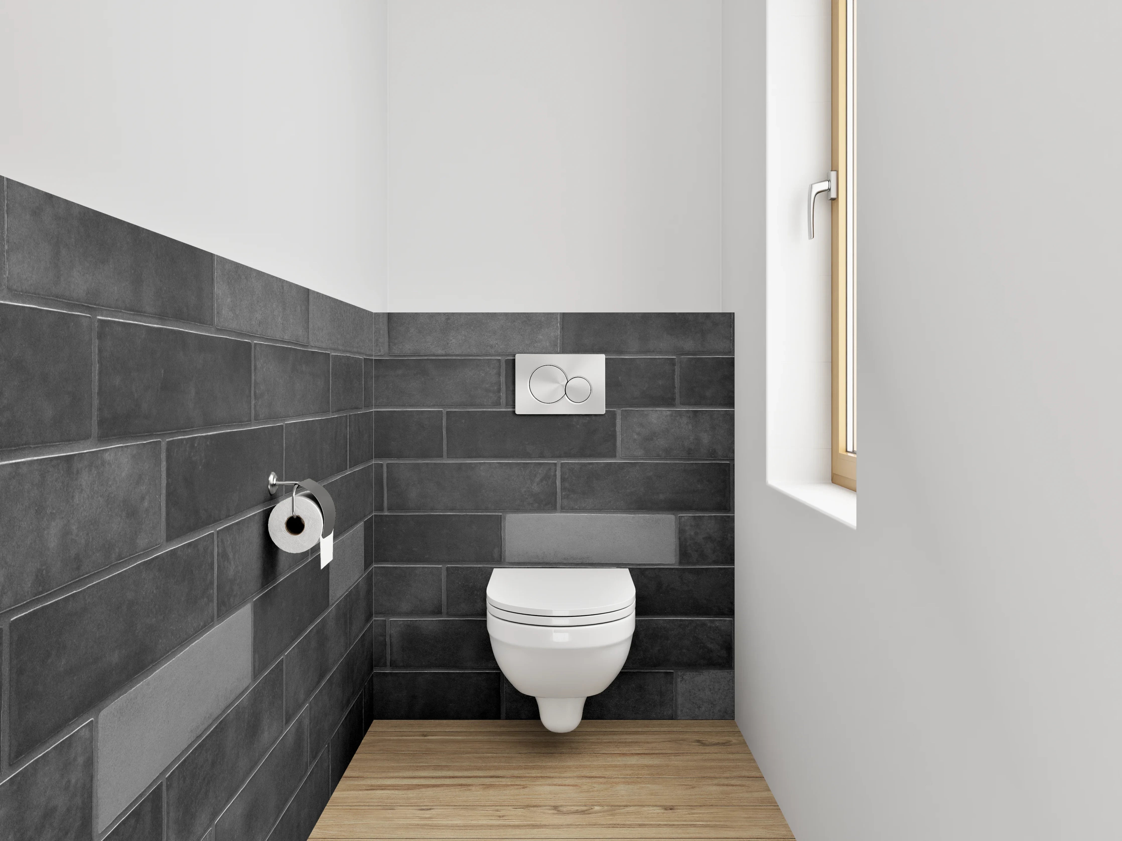 WC-Rückwand - Dunkle Ziegelwand mit langgezogenen Steinen