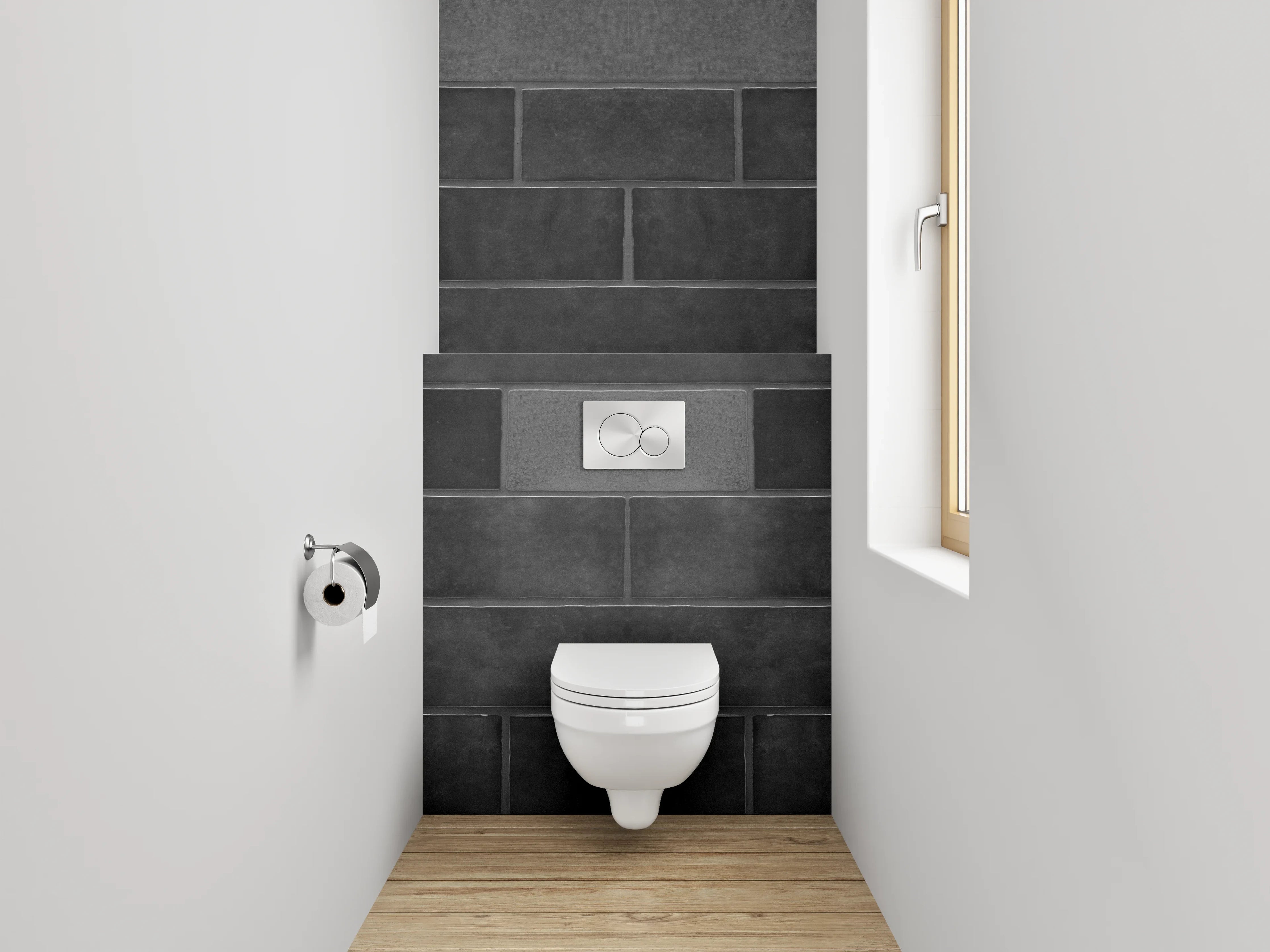 WC-Rückwand - Dunkle Ziegelwand mit langgezogenen Steinen