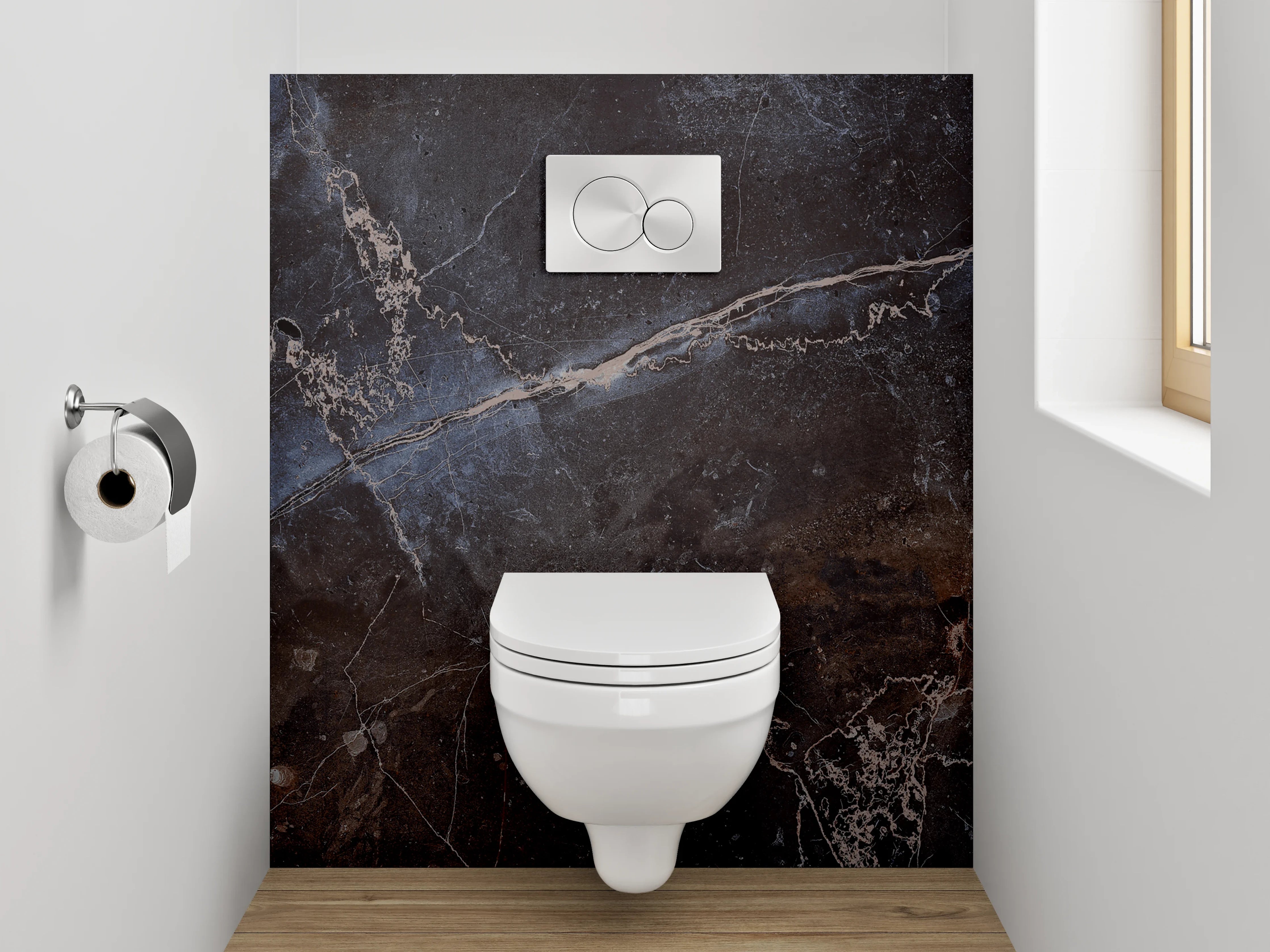 WC-Rückwand - Dunkler Marmor mit blauen Akzenten