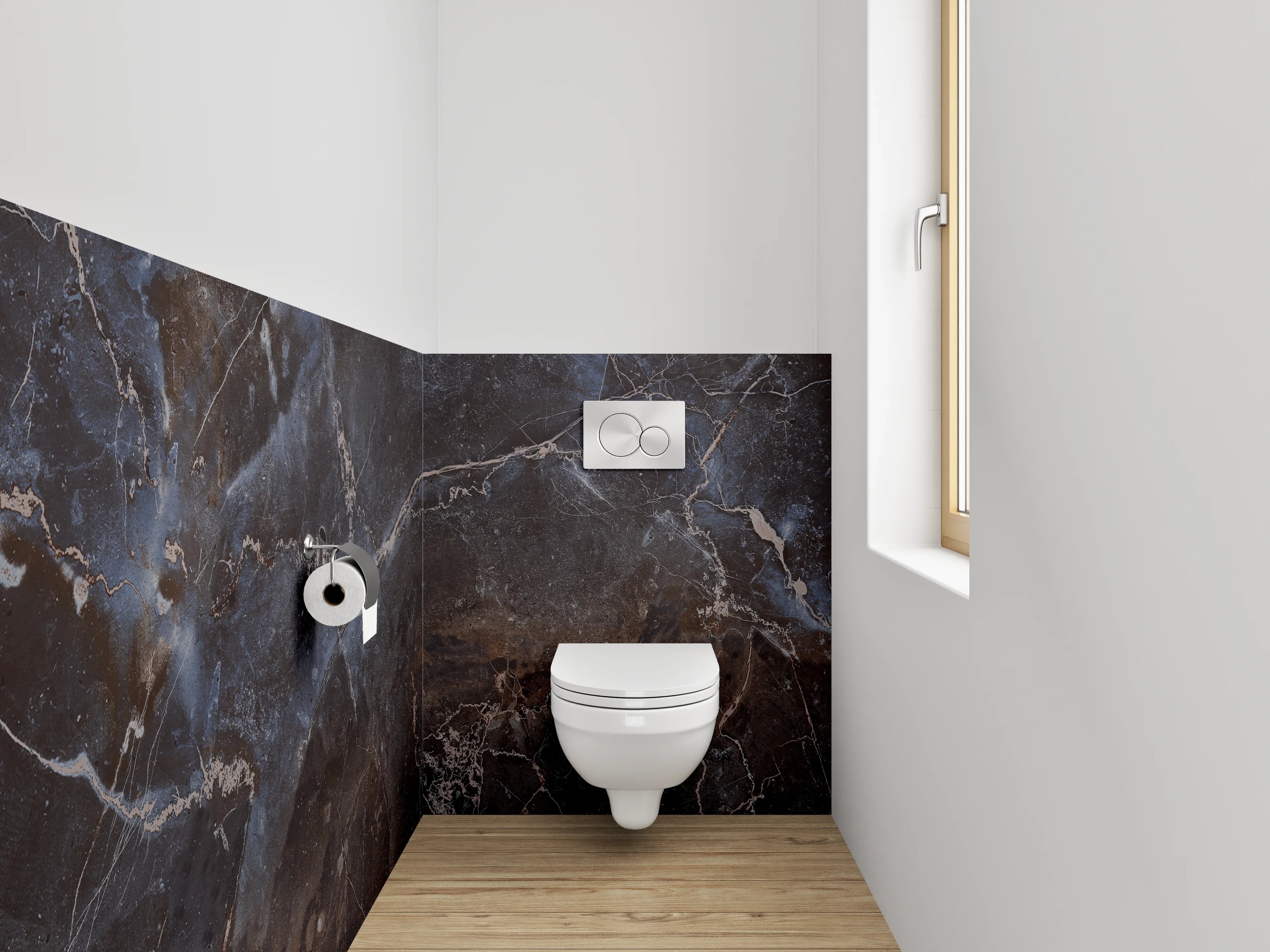 WC-Rückwand - Dunkler Marmor mit blauen Akzenten