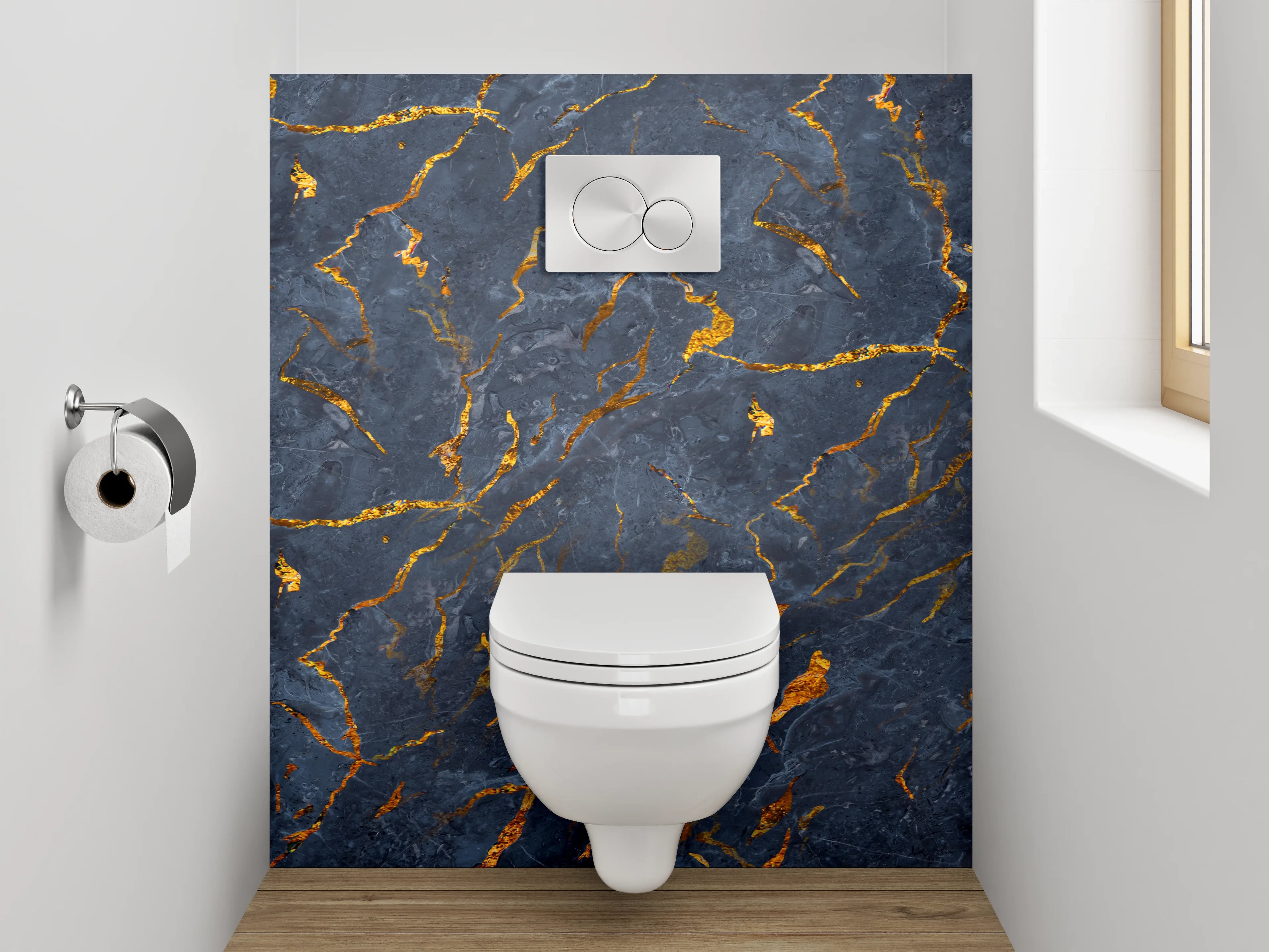WC-Rückwand - Dunkler Marmor mit goldenen Adern