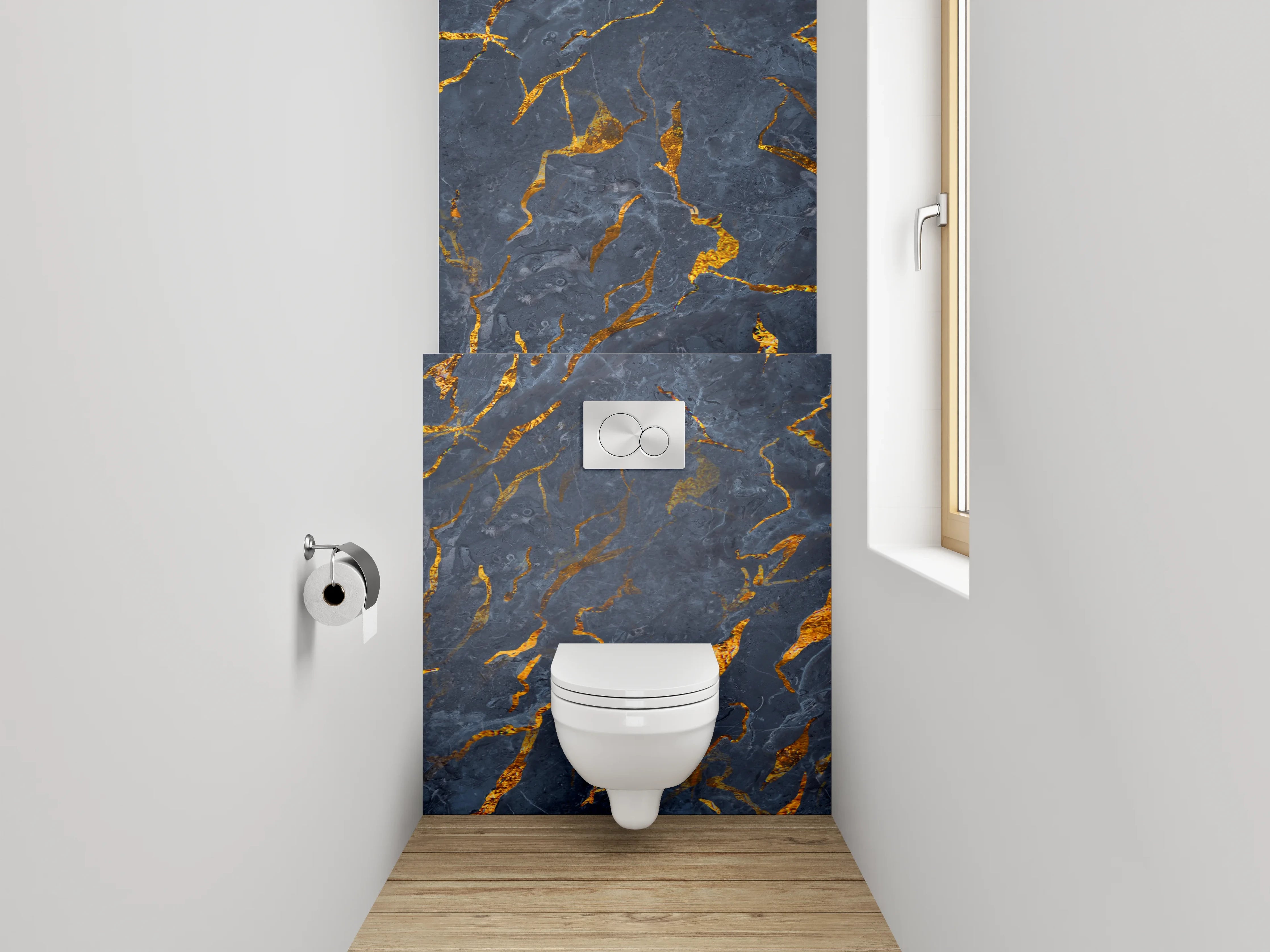 WC-Rückwand - Dunkler Marmor mit goldenen Adern