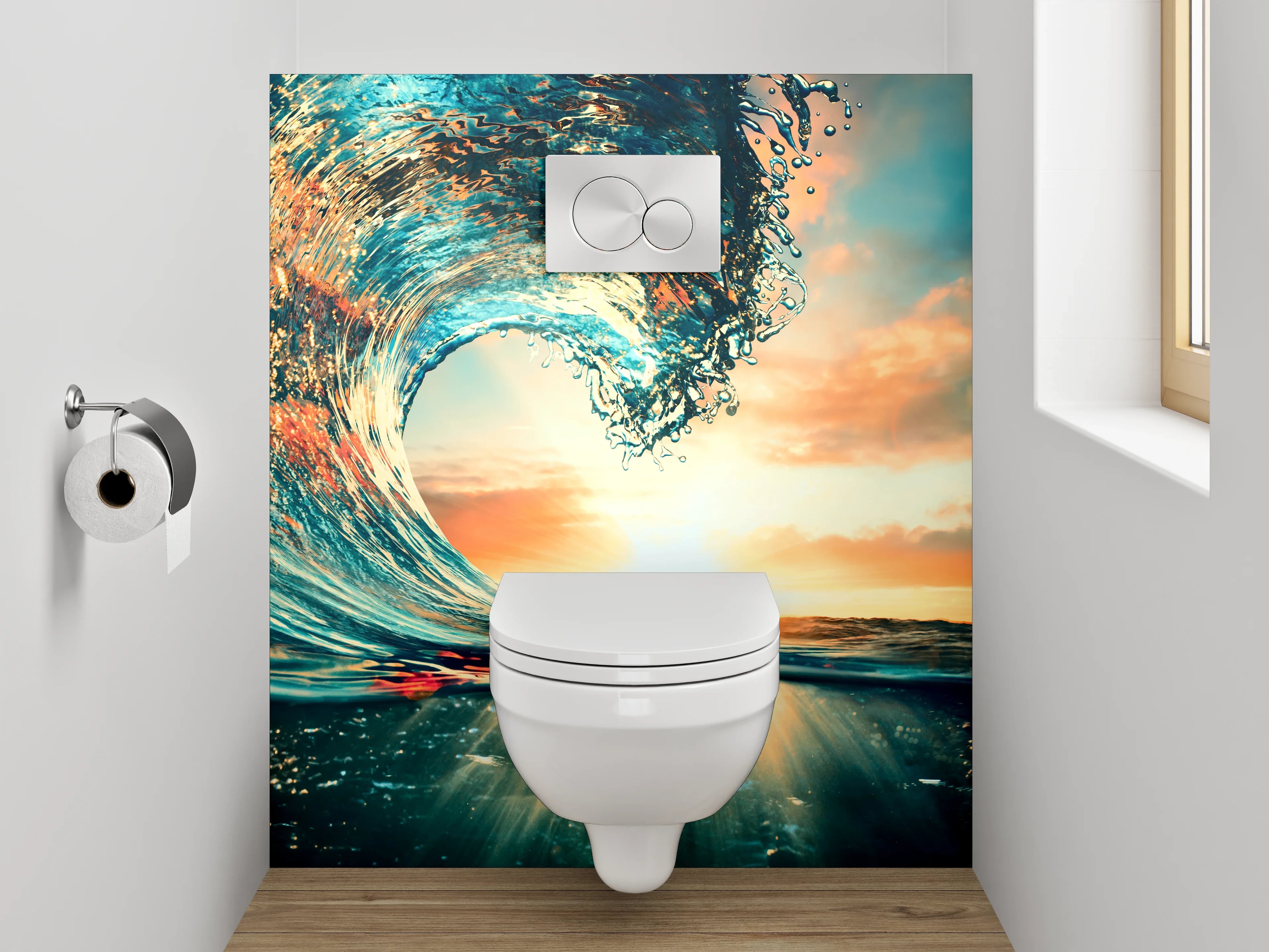 WC-Rückwand - Dynamische Ozeanwelle im Sonnenuntergang