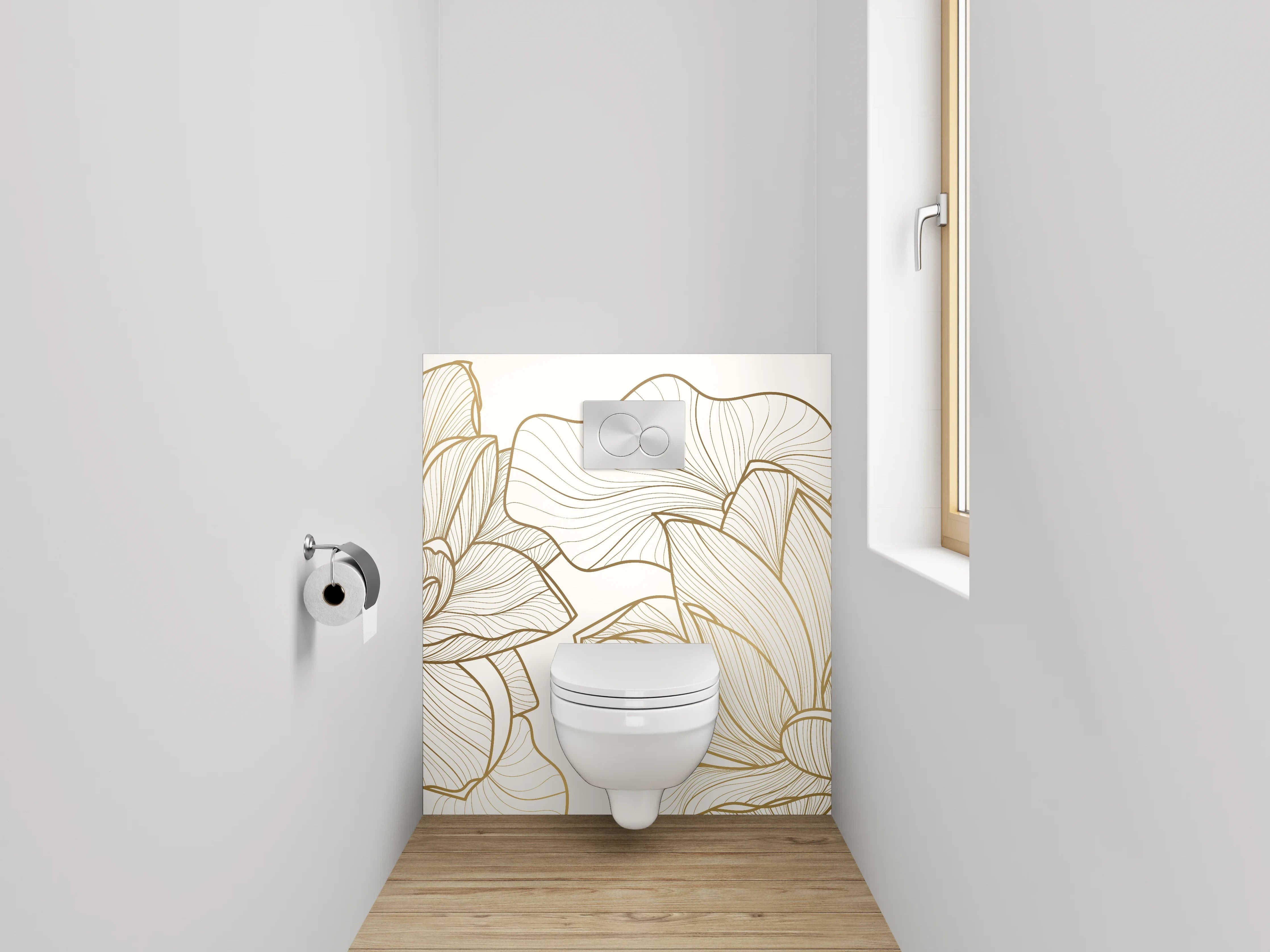 WC-Rückwand - Edle Lineart Lotus Blüten Beige Gold