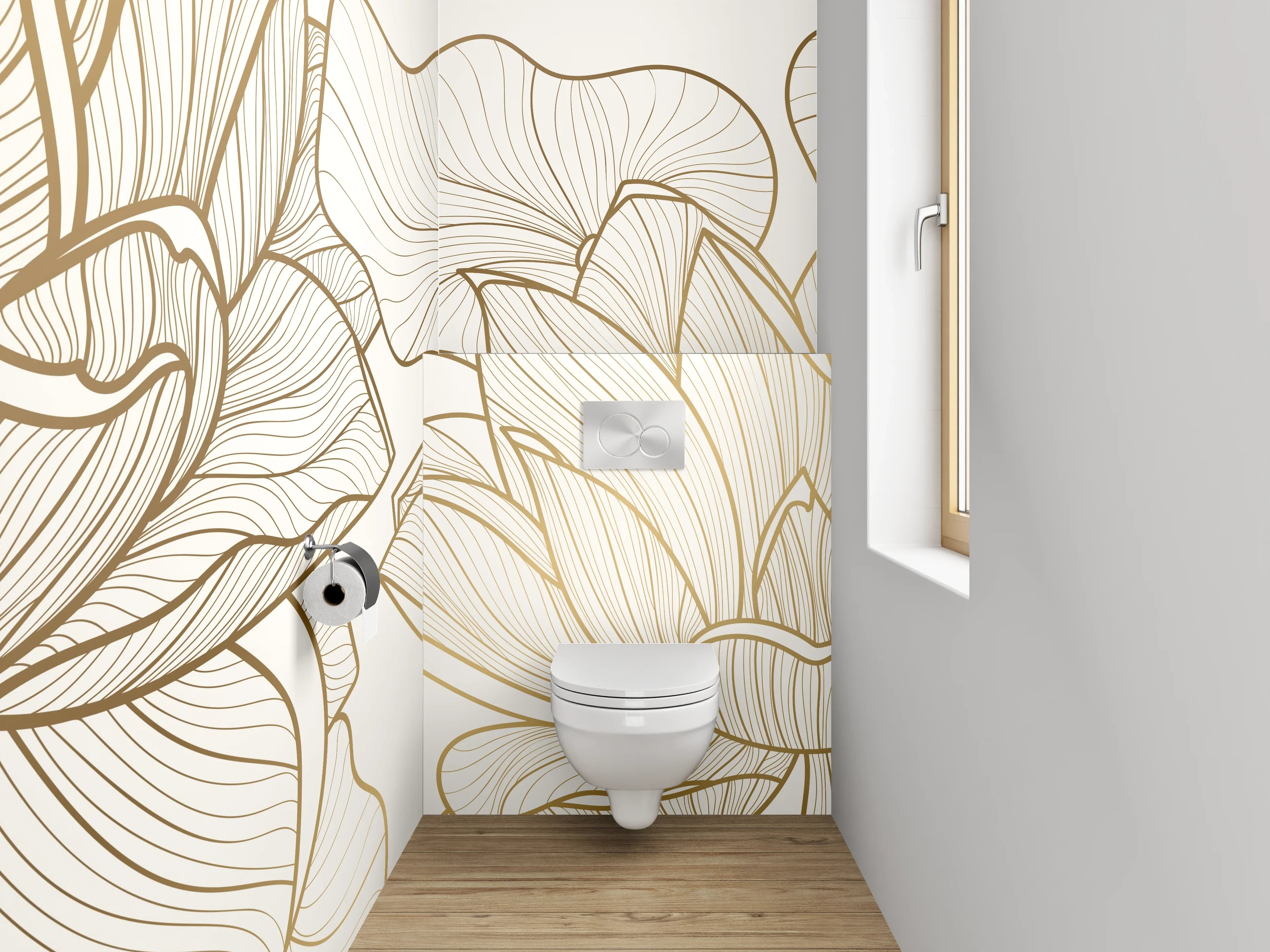 WC-Rückwand - Edle Lineart Lotus Blüten Beige Gold