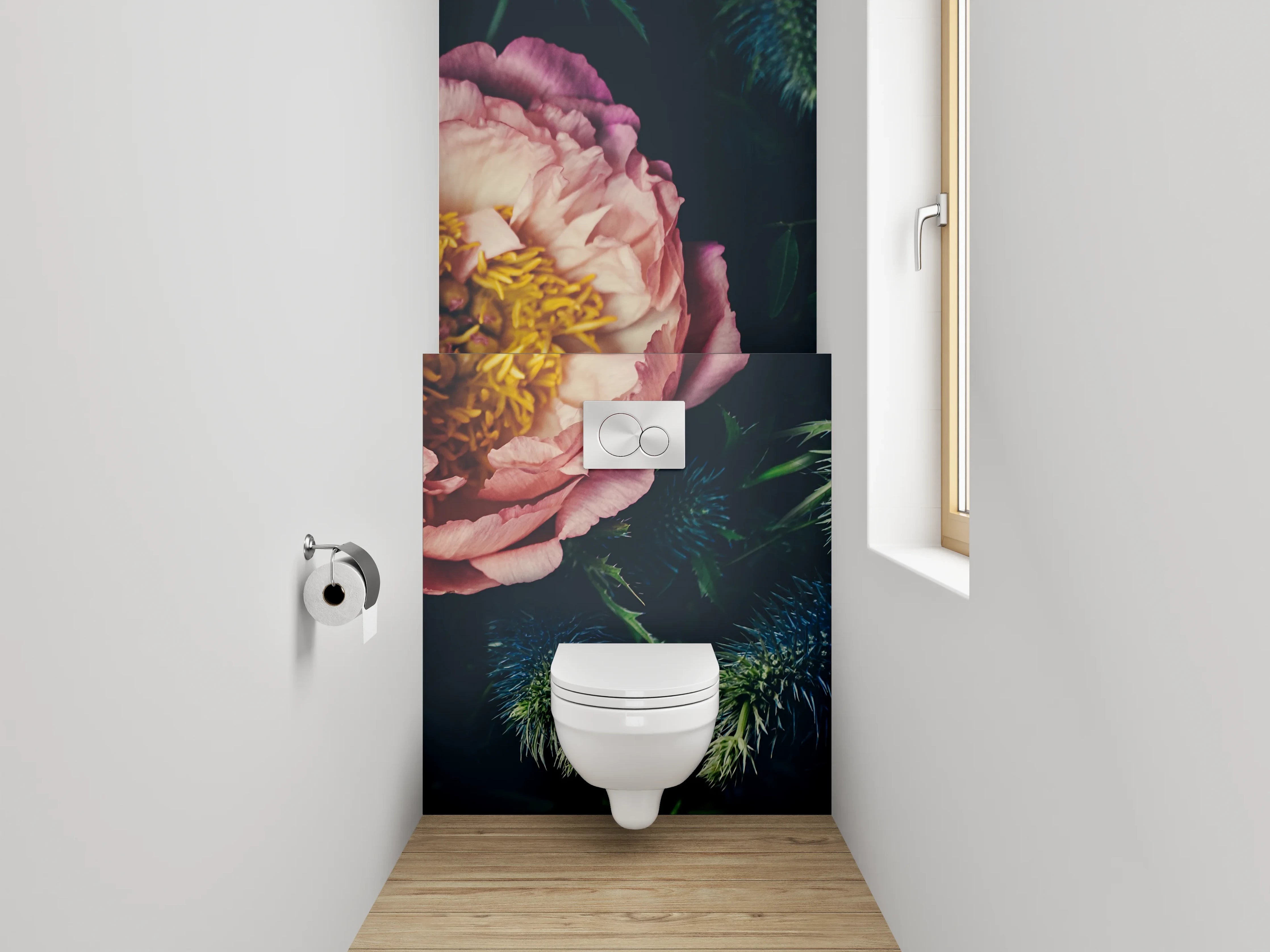 WC-Rückwand - Edle Pfingstrosen & Disteln Arrangement