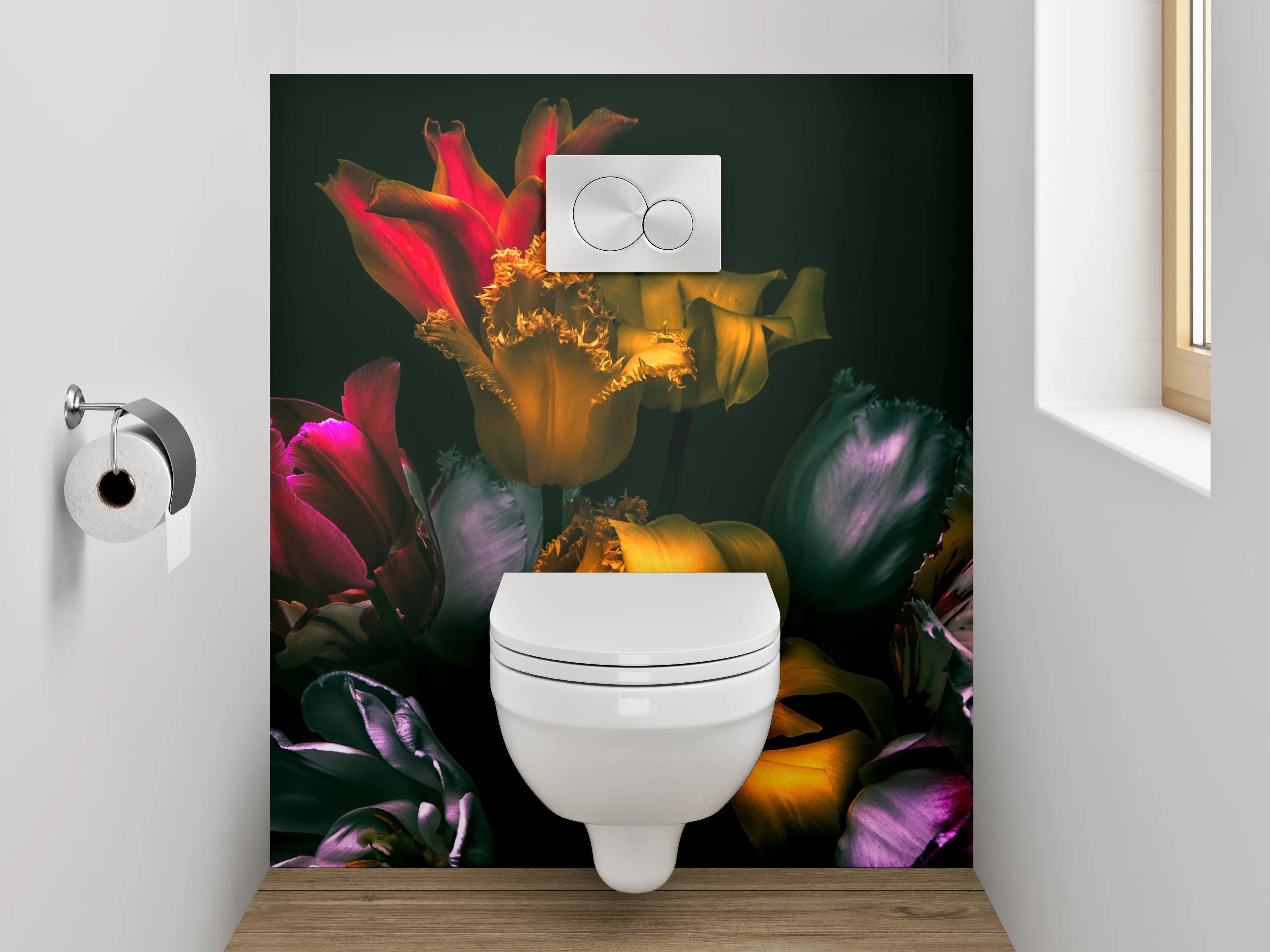 WC-Rückwand - Edle Tulpenblüten in Dunkeloptik