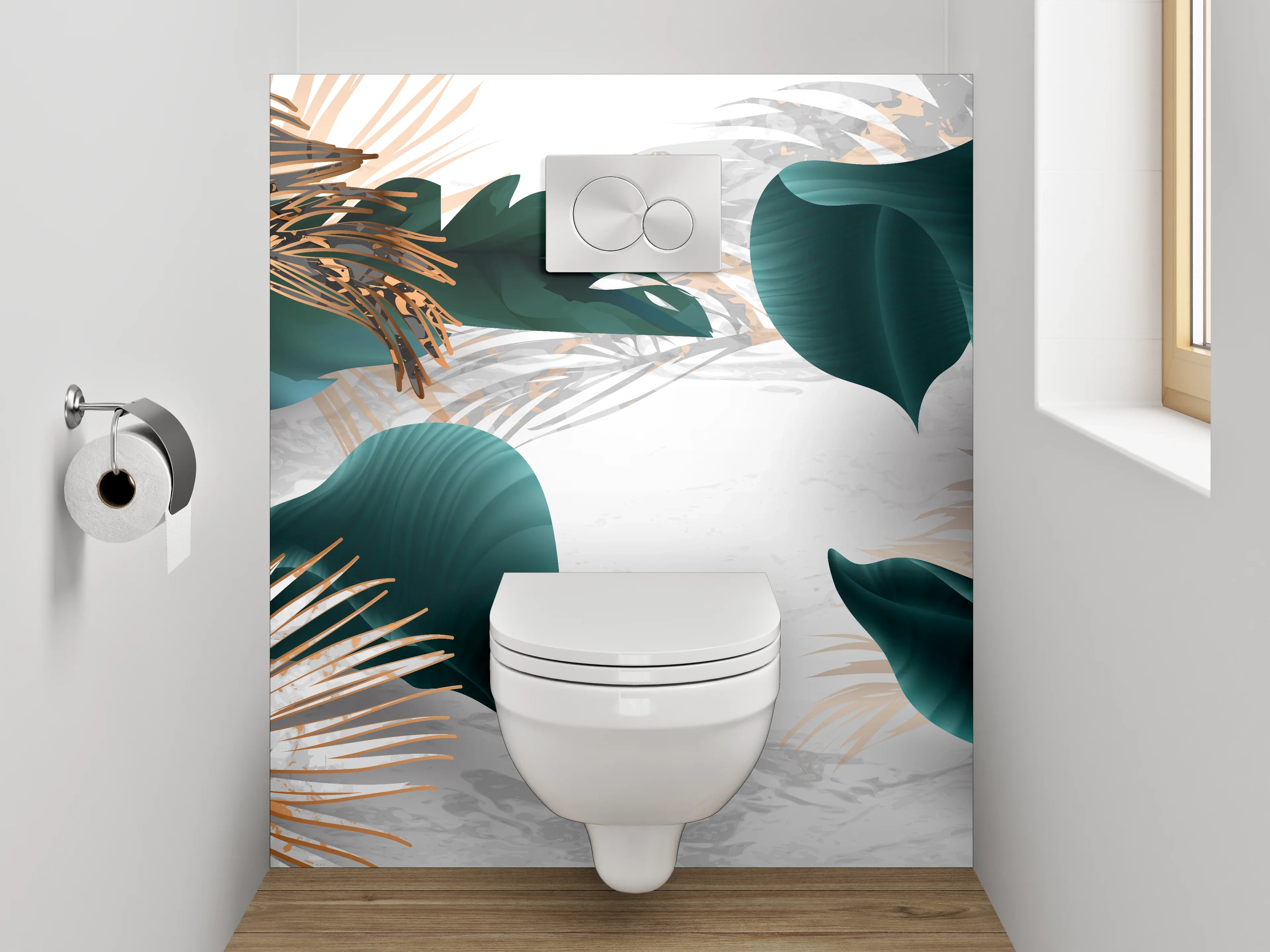 WC-Rückwand - Edle botanische Blätter auf modernem Marmor