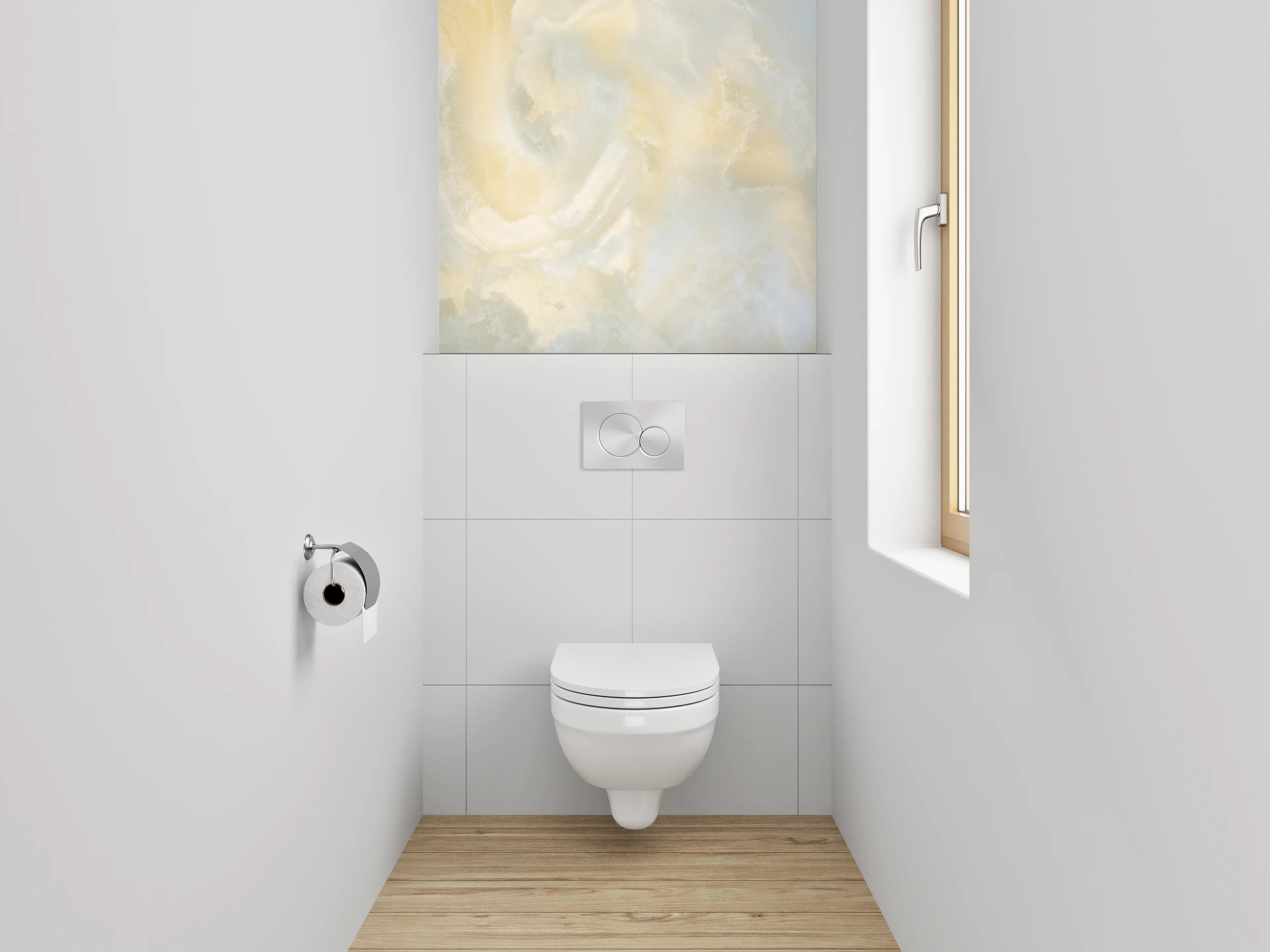 WC-Rückwand - Edler Onyx-Marmor in Beige-Weiß