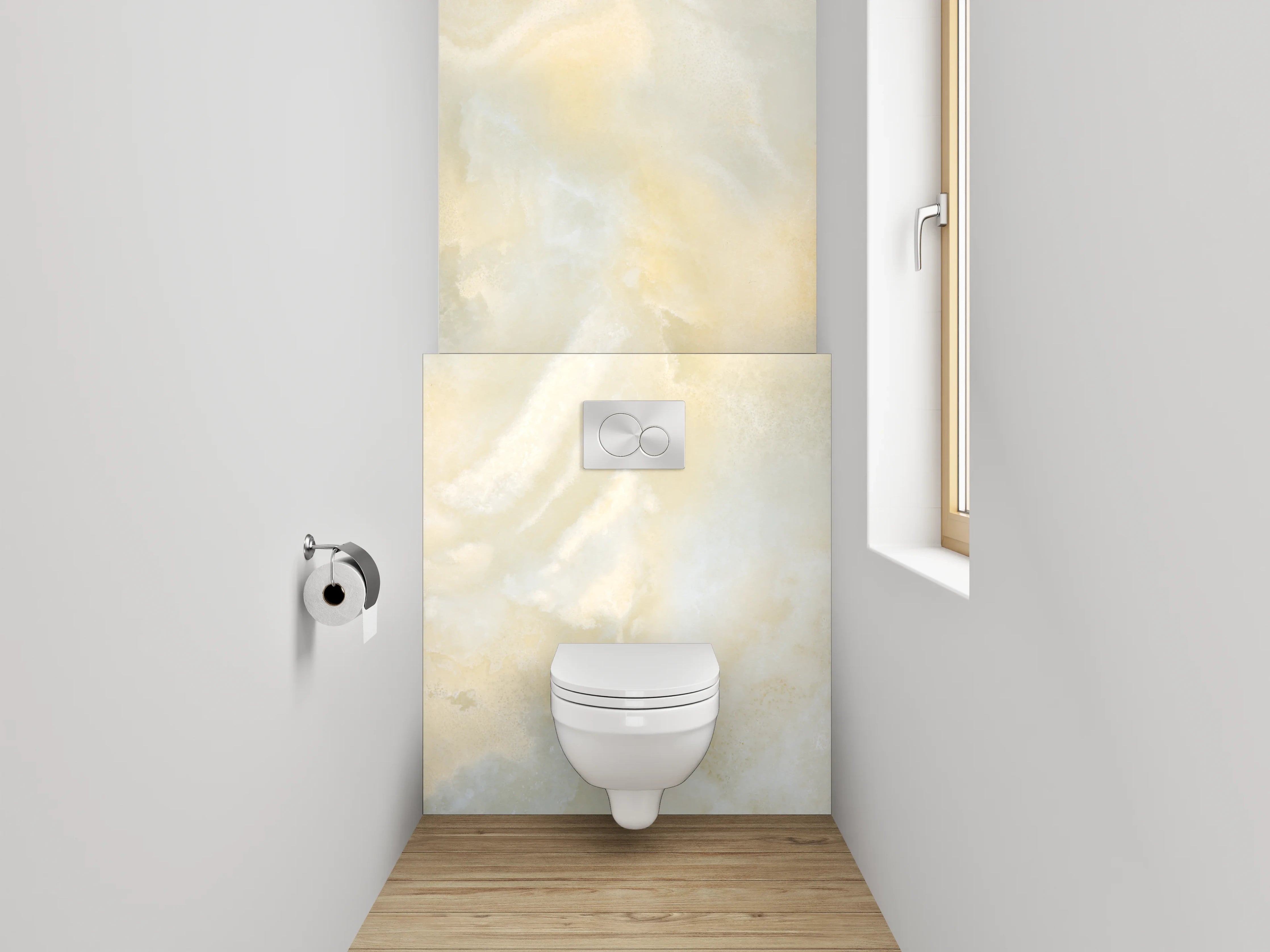 WC-Rückwand - Edler Onyx-Marmor in Beige-Weiß