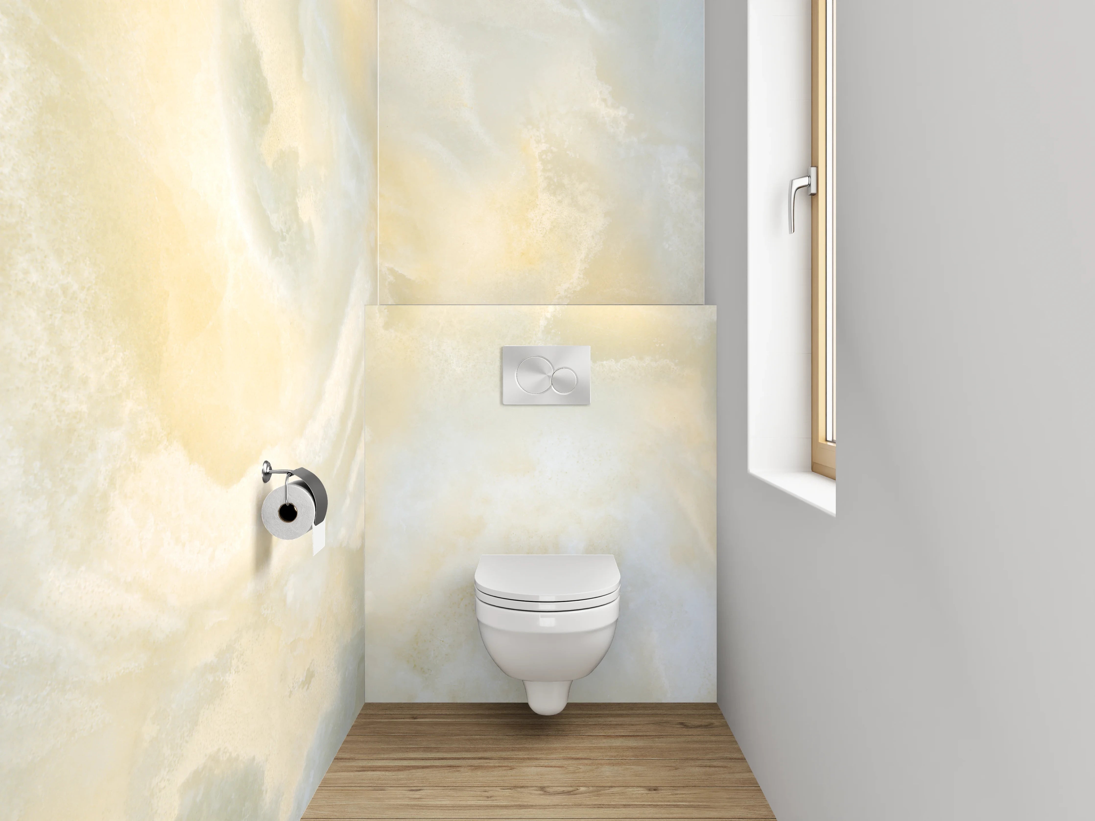 WC-Rückwand - Edler Onyx-Marmor in Beige-Weiß