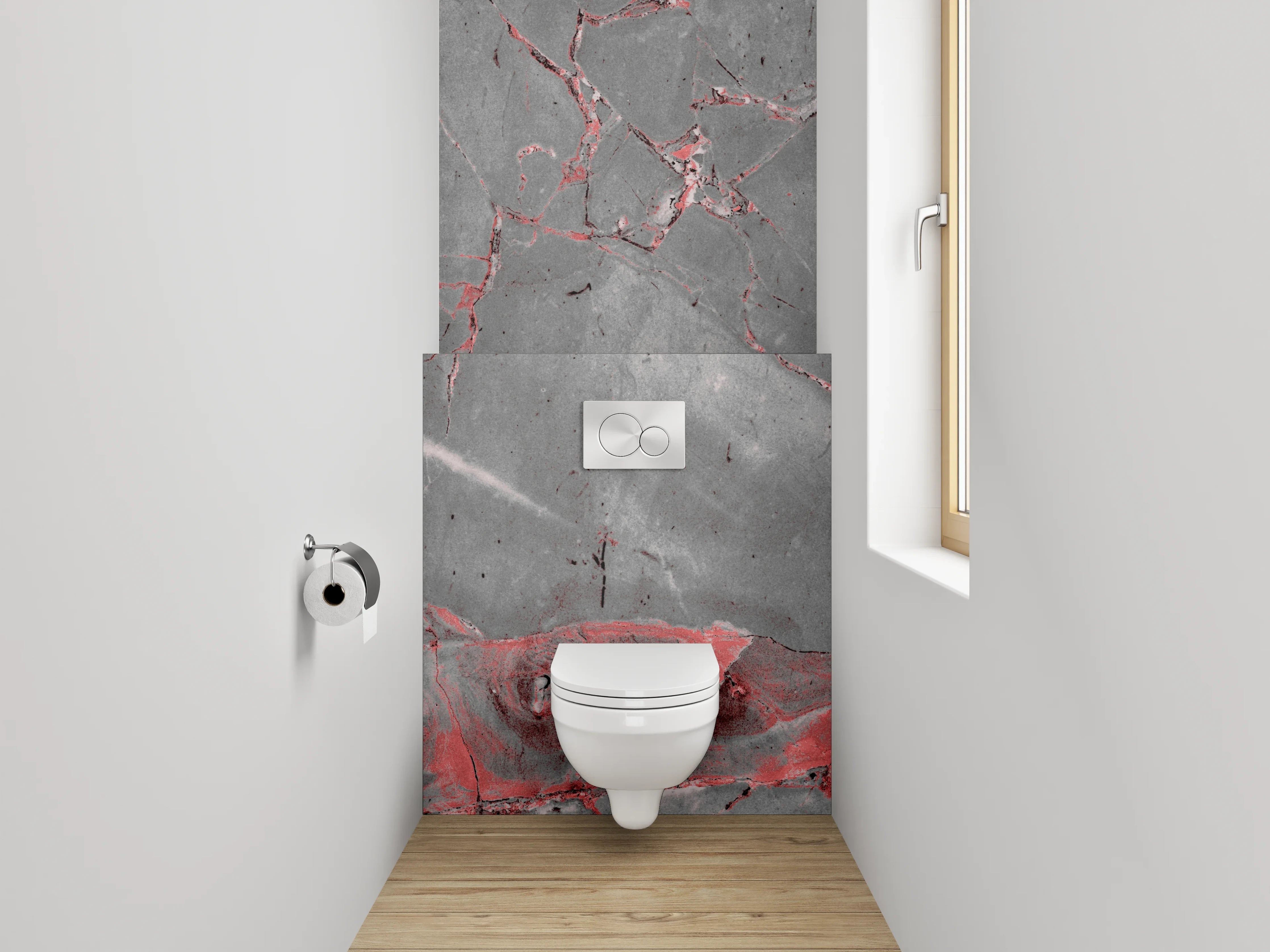 WC-Rückwand - Edler grauer Marmor mit roten Adern