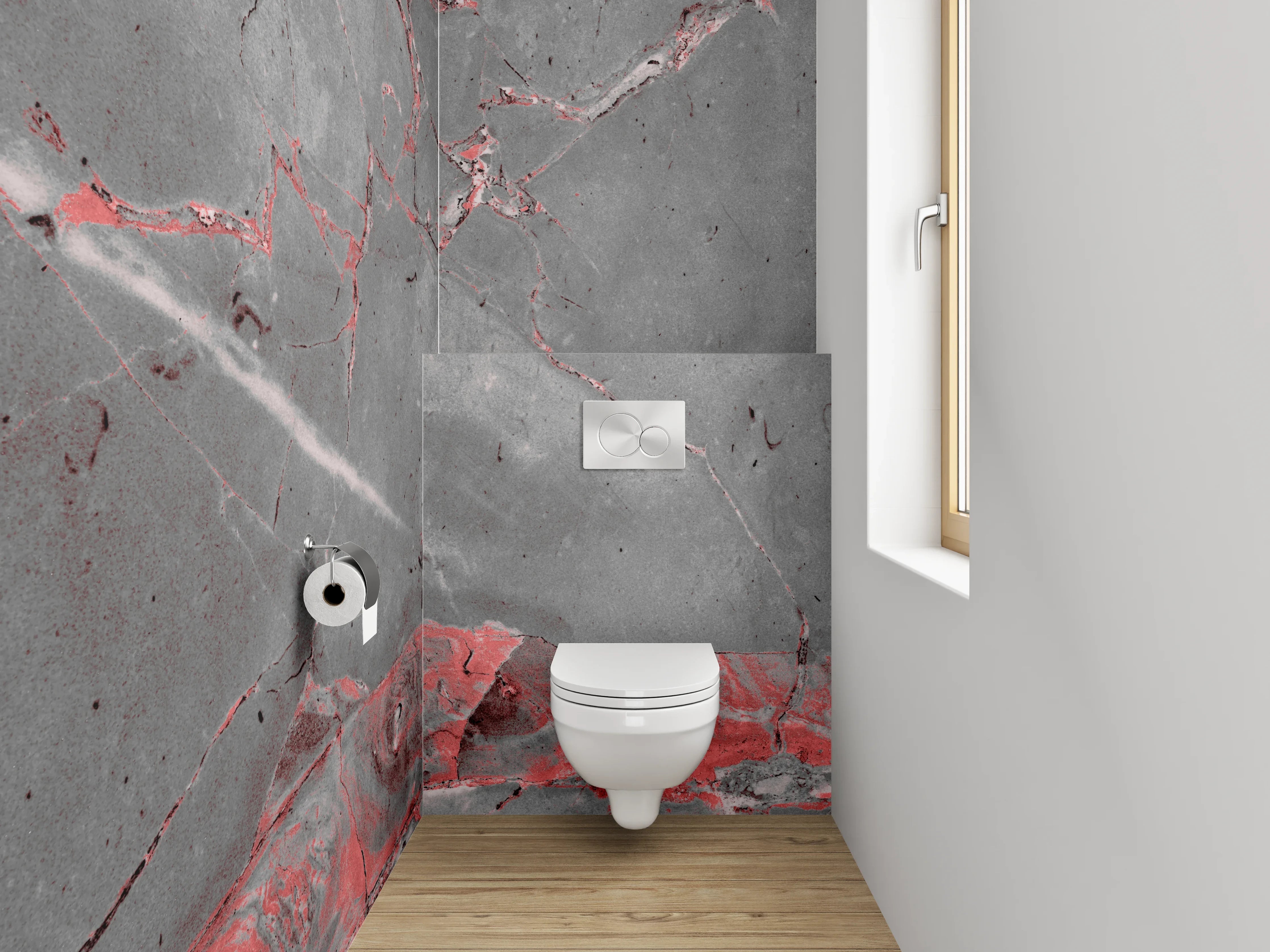 WC-Rückwand - Edler grauer Marmor mit roten Adern