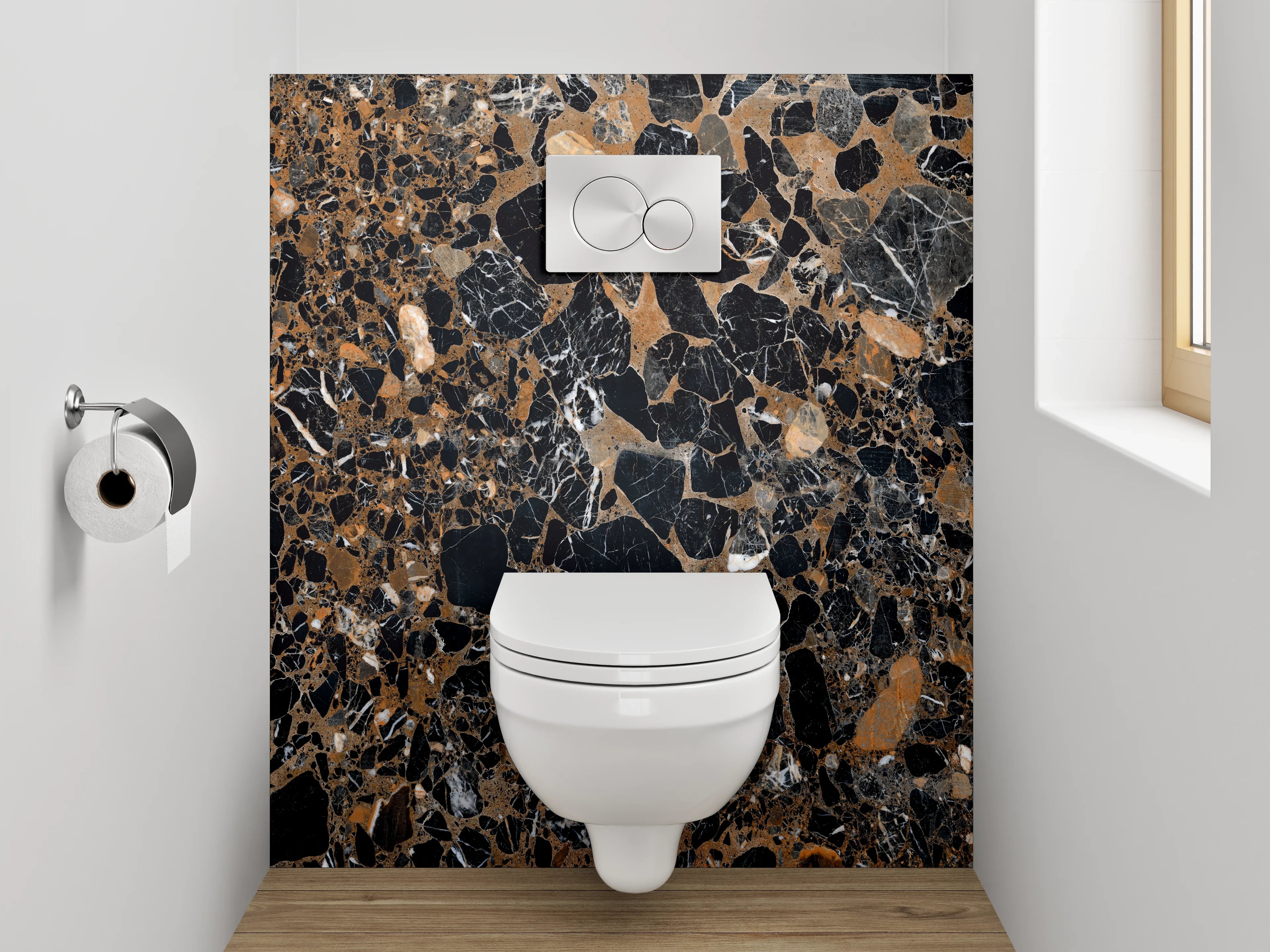 WC-Rückwand - Edler schwarzer Marmor mit goldbraunen Akzenten