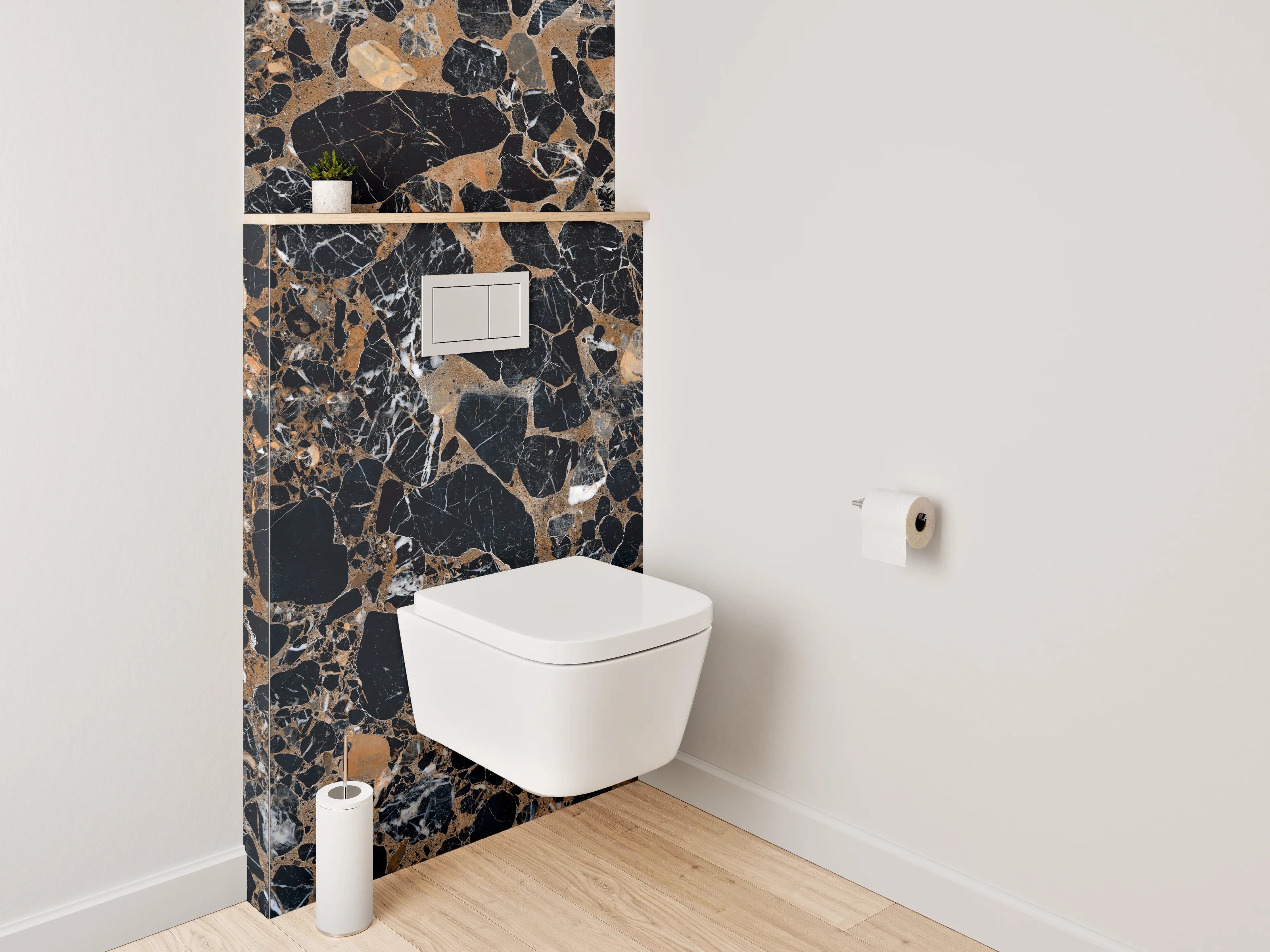 WC-Rückwand - Edler schwarzer Marmor mit goldbraunen Akzenten