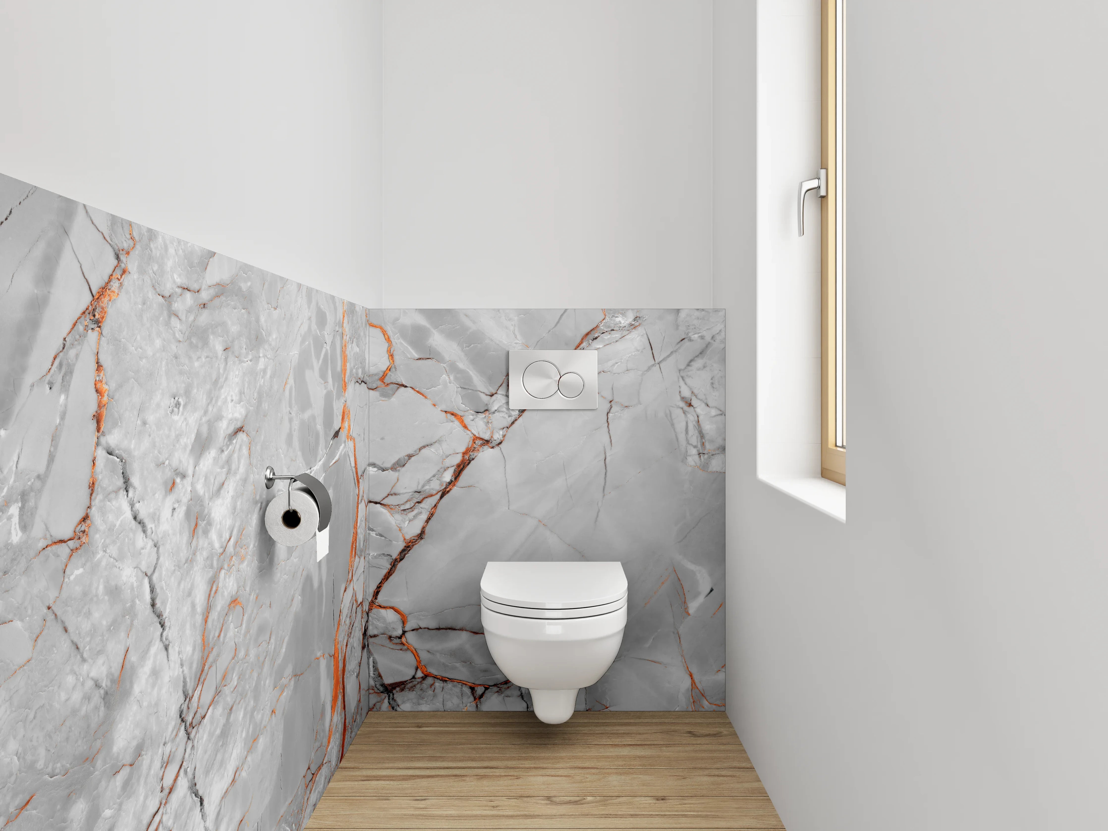 WC-Rückwand - Edler weiß-grauer Marmor mit Orangeadern