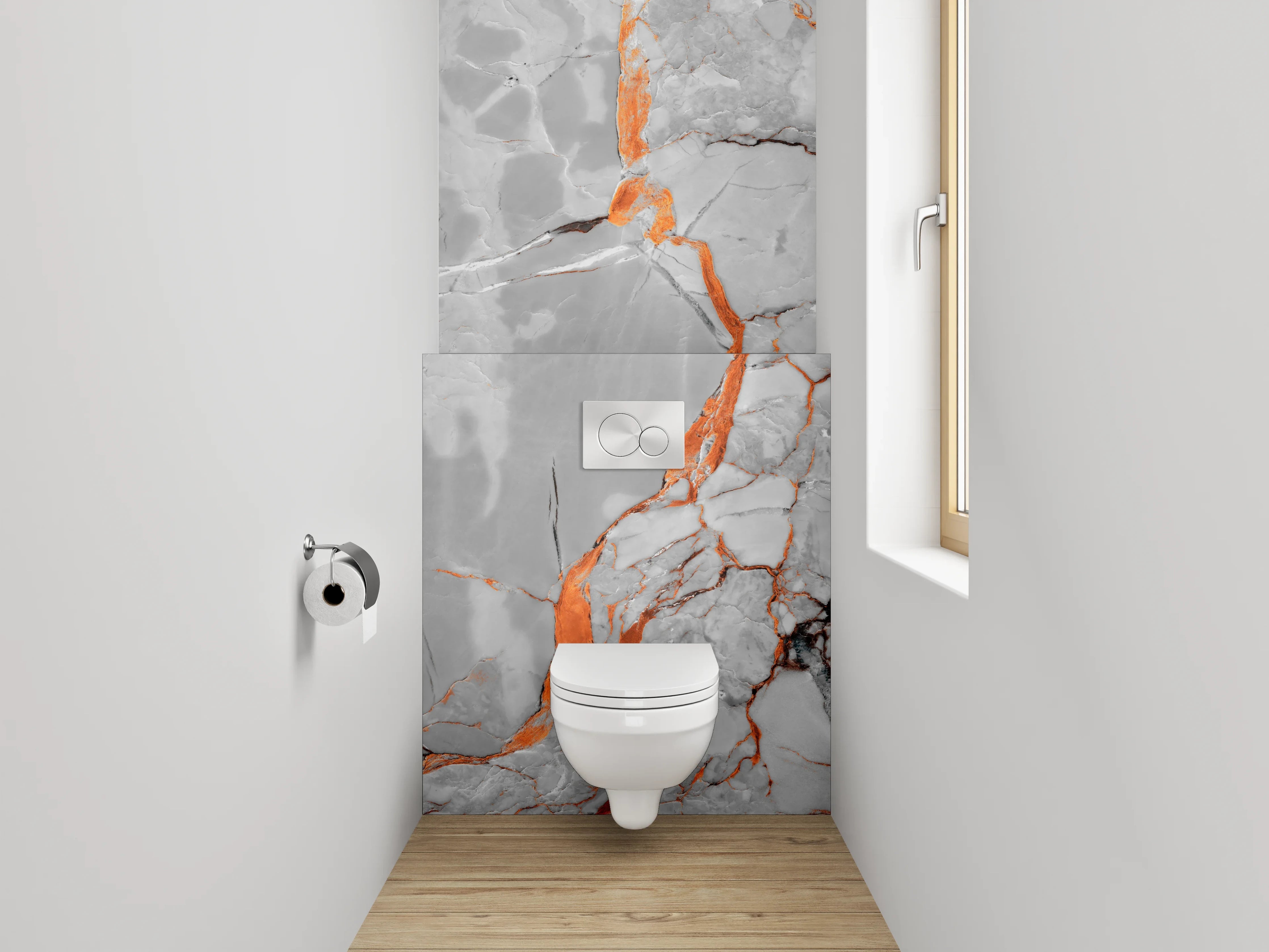 WC-Rückwand - Edler weiß-grauer Marmor mit Orangeadern