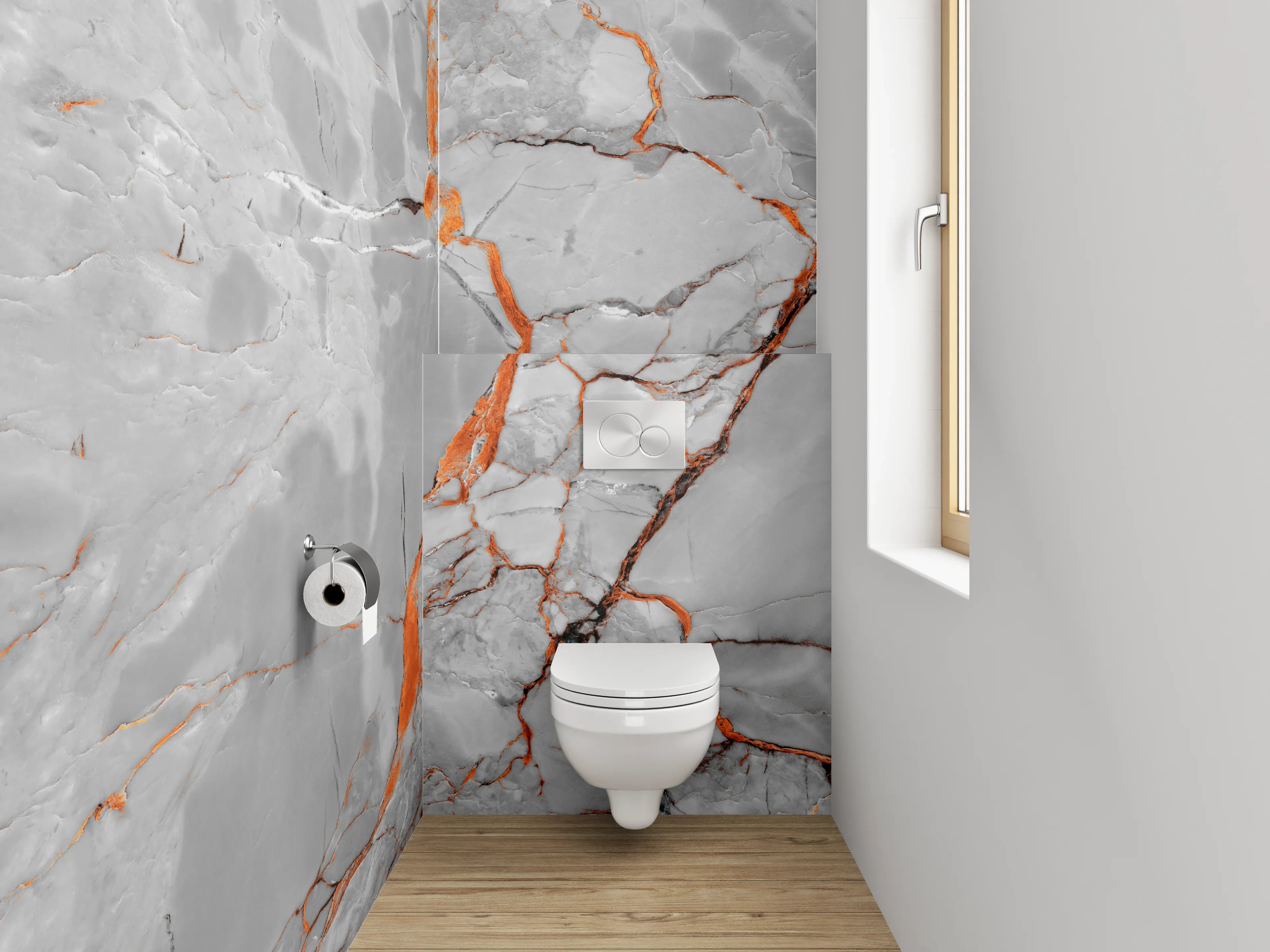 WC-Rückwand - Edler weiß-grauer Marmor mit Orangeadern