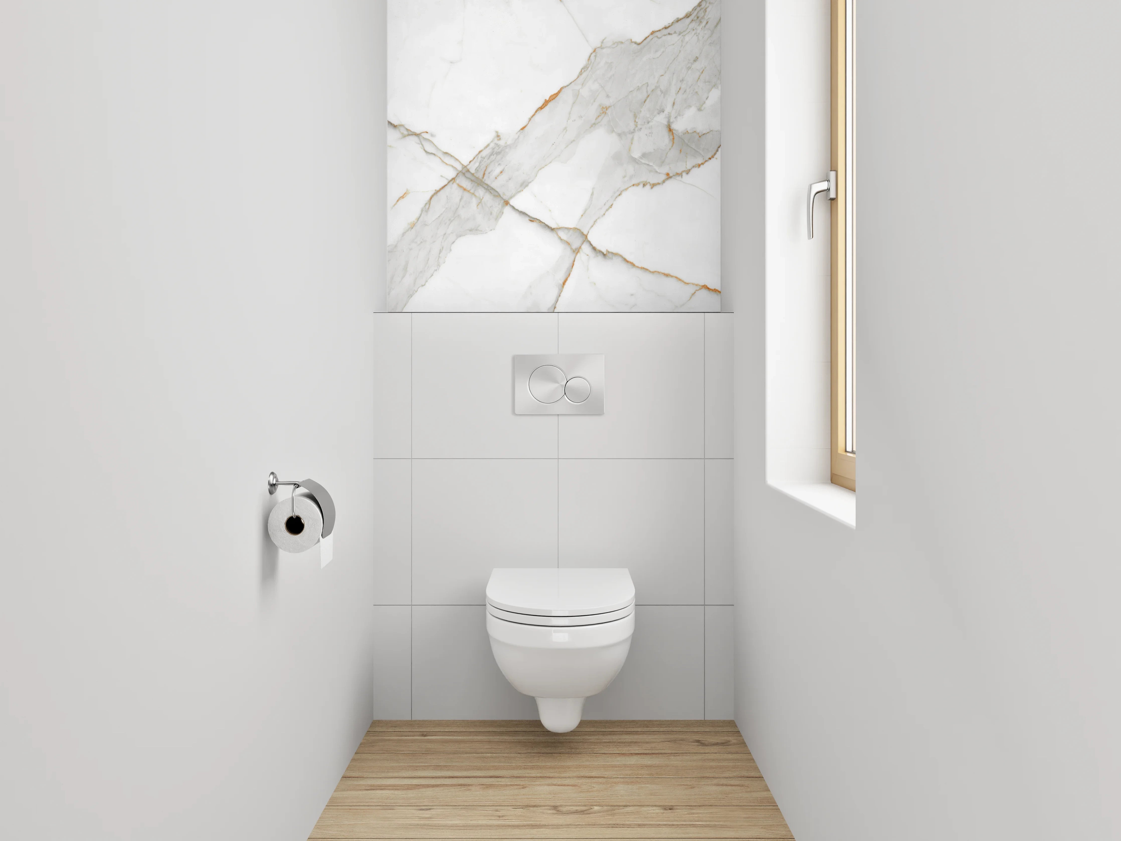 WC-Rückwand - Edler weiß-grauer Marmor mit goldenen Akzenten