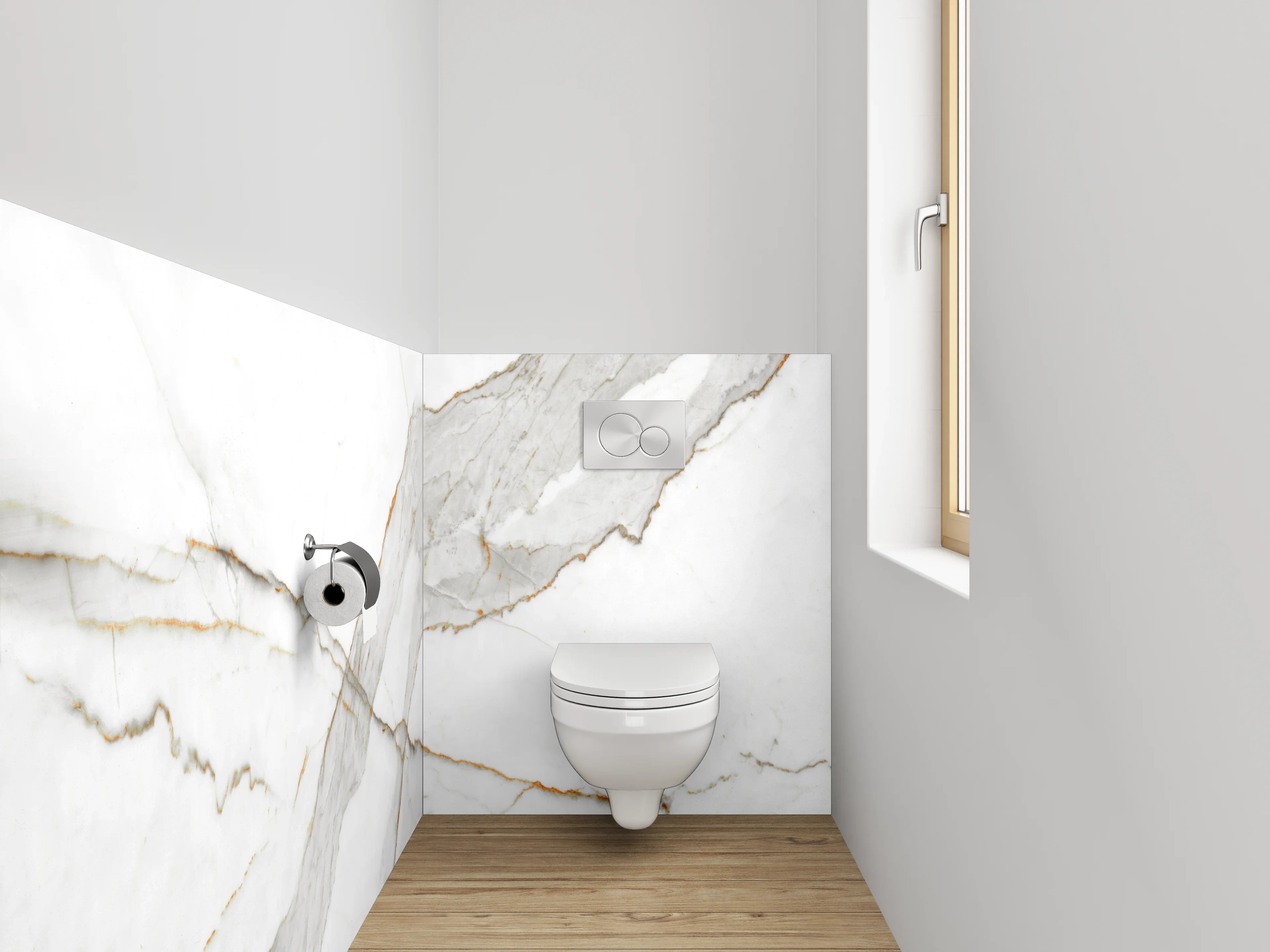 WC-Rückwand - Edler weiß-grauer Marmor mit goldenen Akzenten