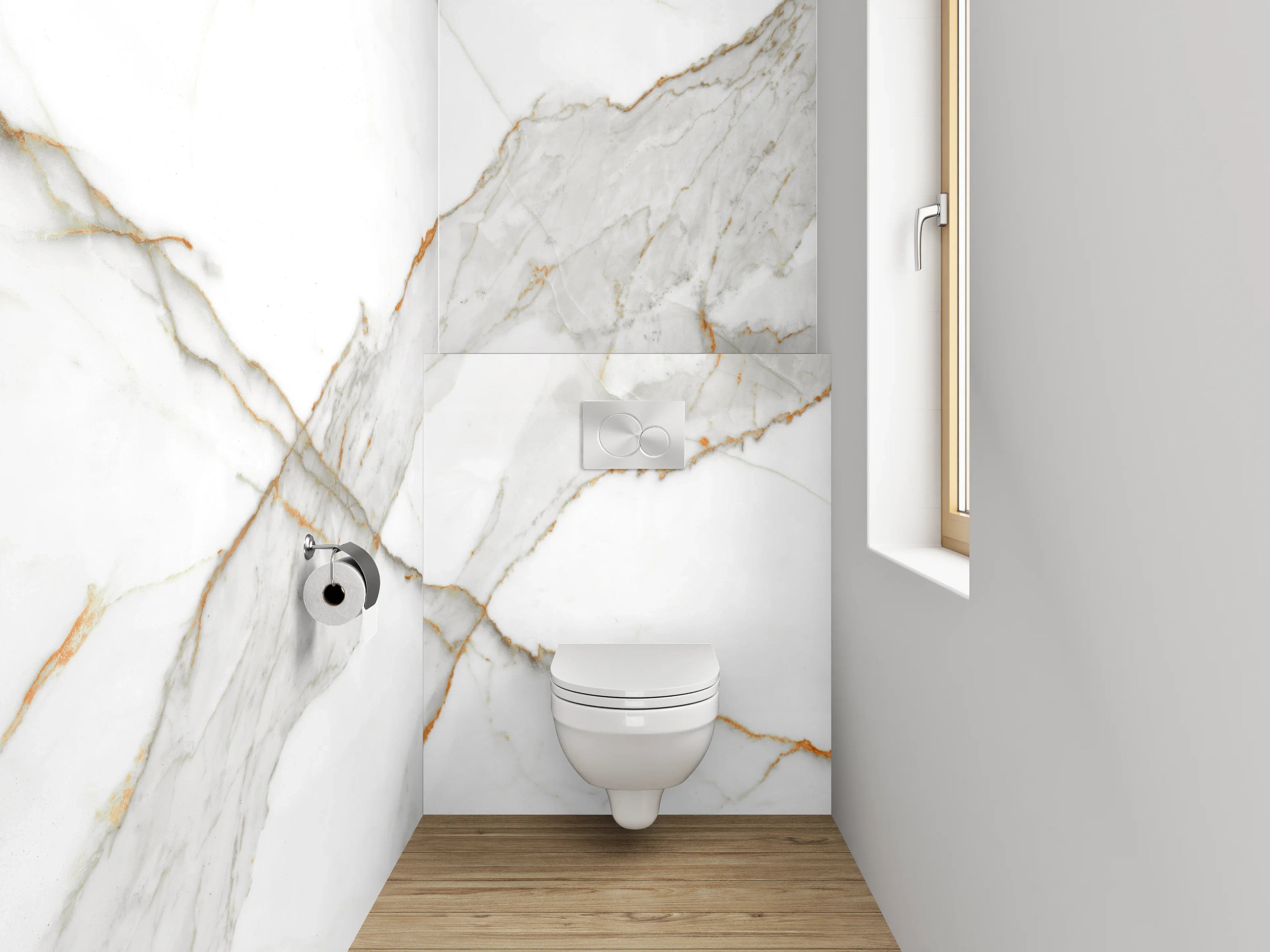 WC-Rückwand - Edler weiß-grauer Marmor mit goldenen Akzenten