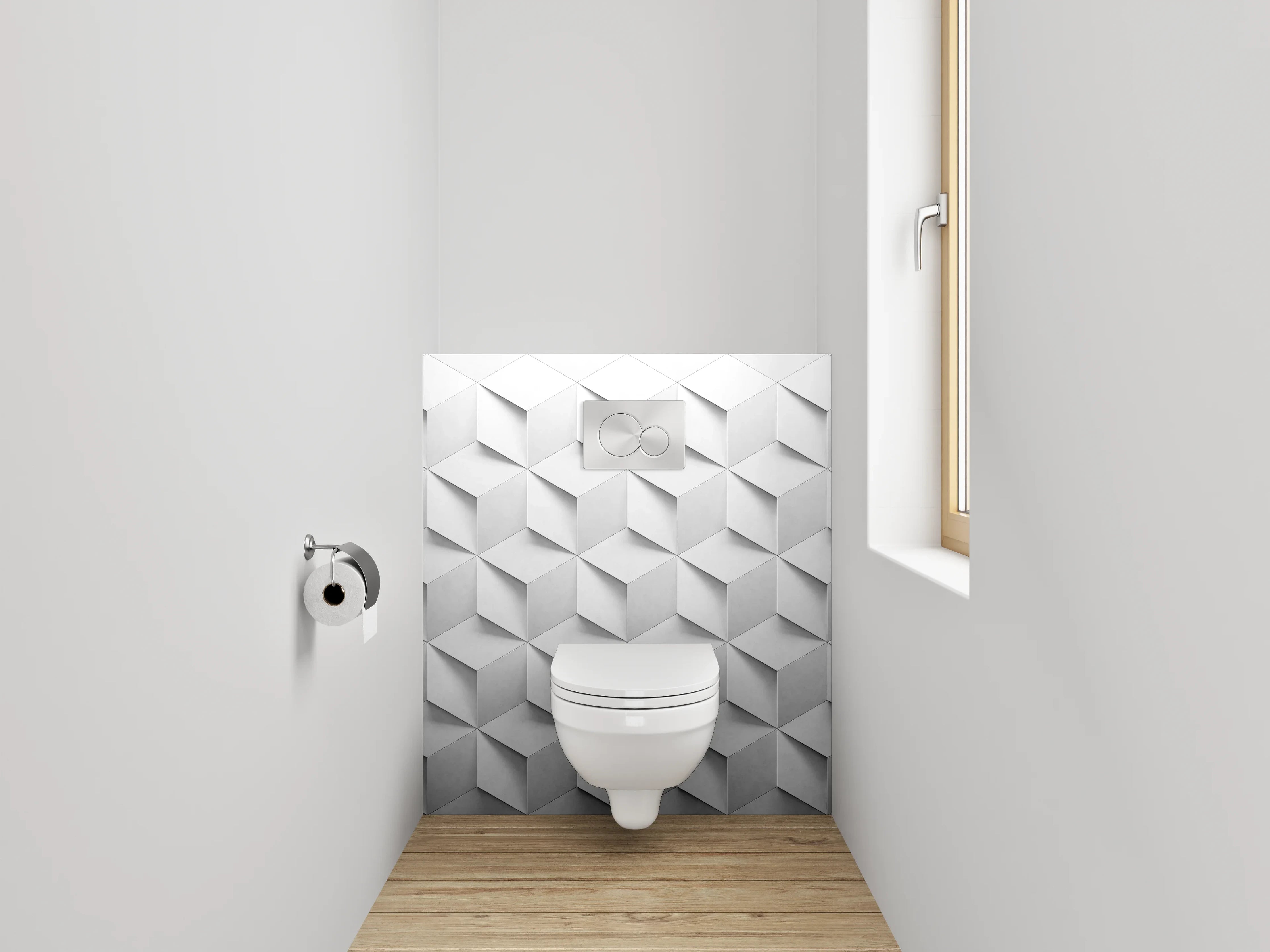 WC-Rückwand - Edles 3D-Würfelmuster in Weiß und Grau
