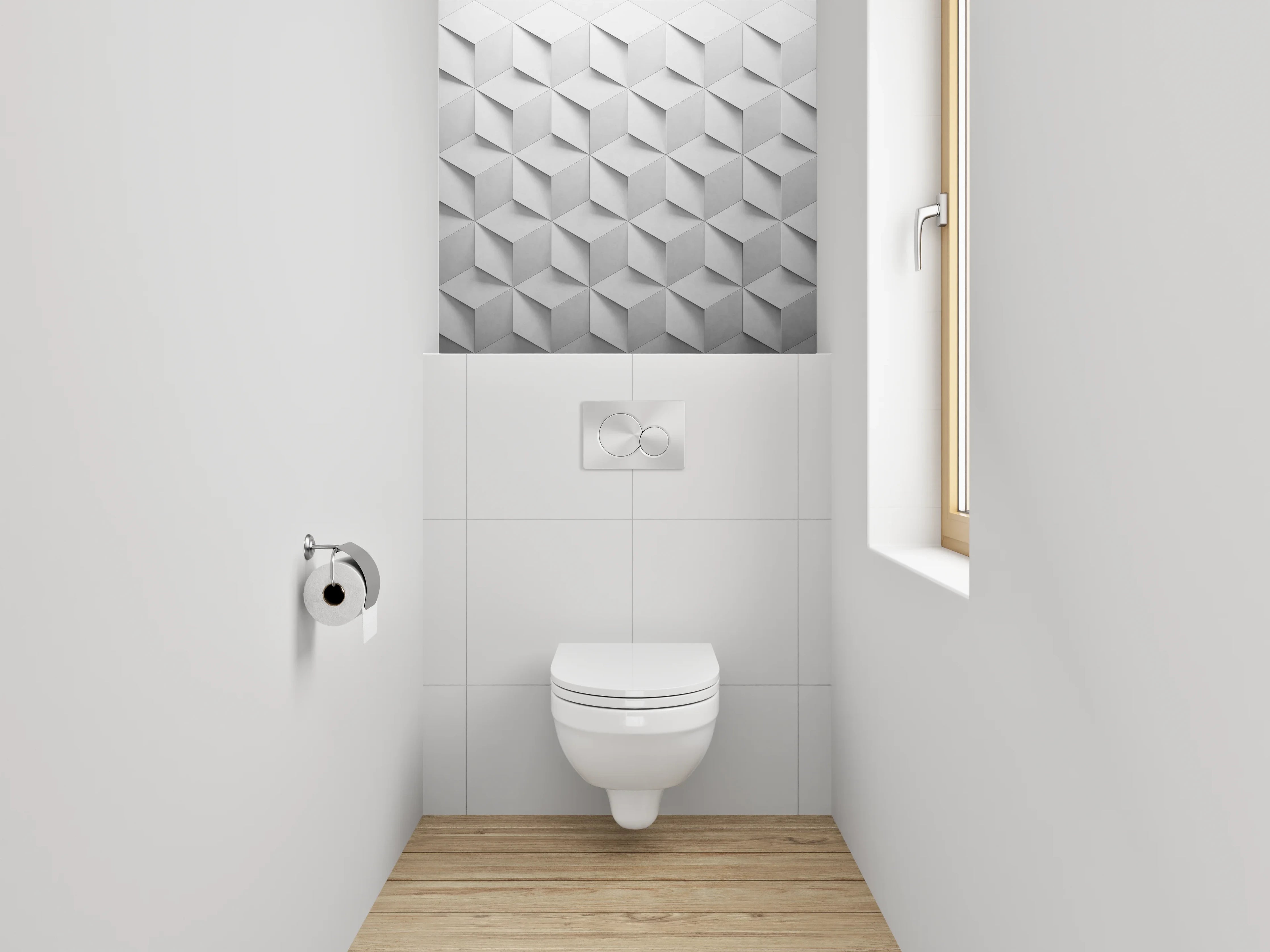 WC-Rückwand - Edles 3D-Würfelmuster in Weiß und Grau