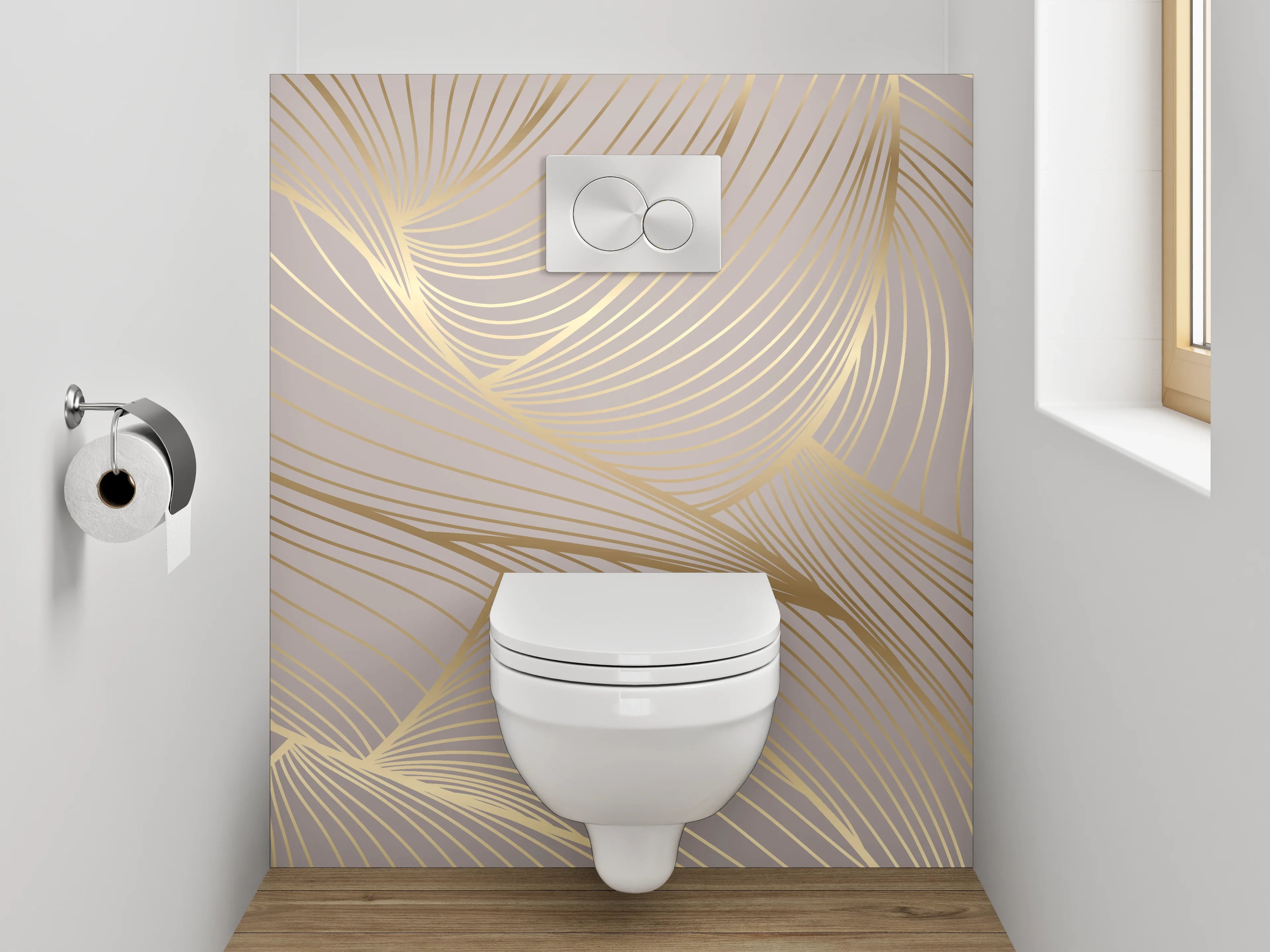 WC-Rückwand - Edles Lineart-Muster in Beige und Gold