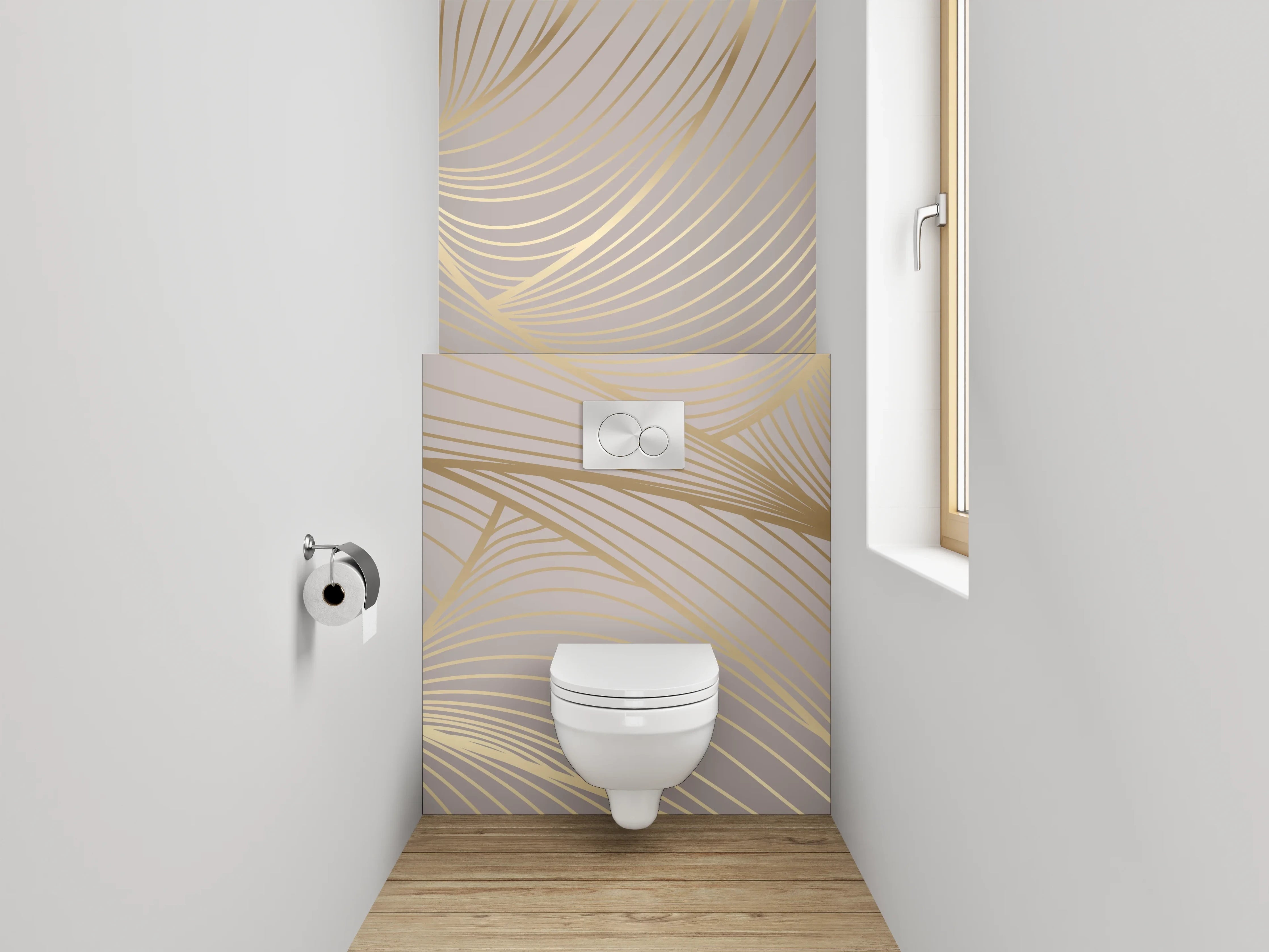 WC-Rückwand - Edles Lineart-Muster in Beige und Gold