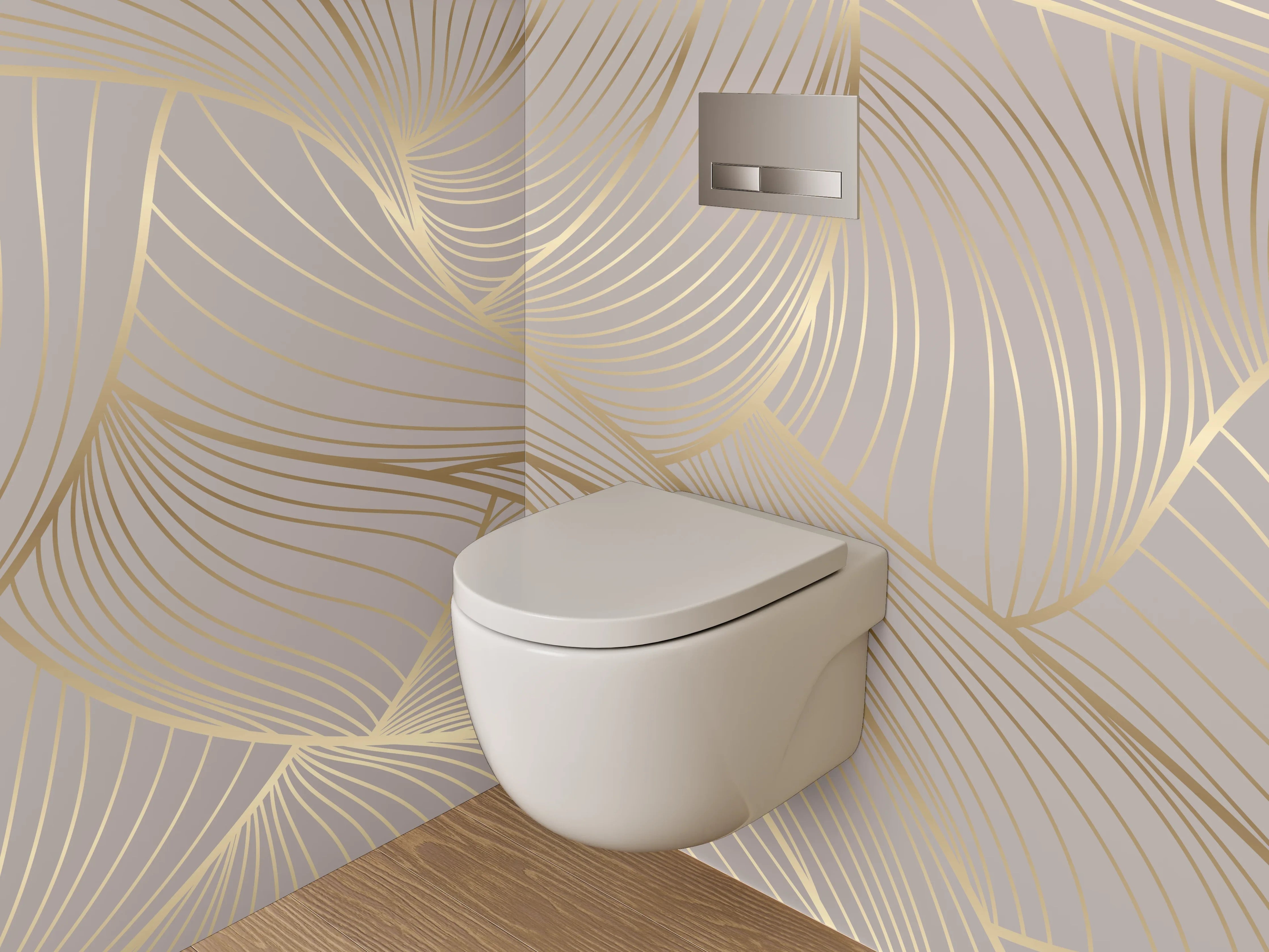 WC-Rückwand - Edles Lineart-Muster in Beige und Gold