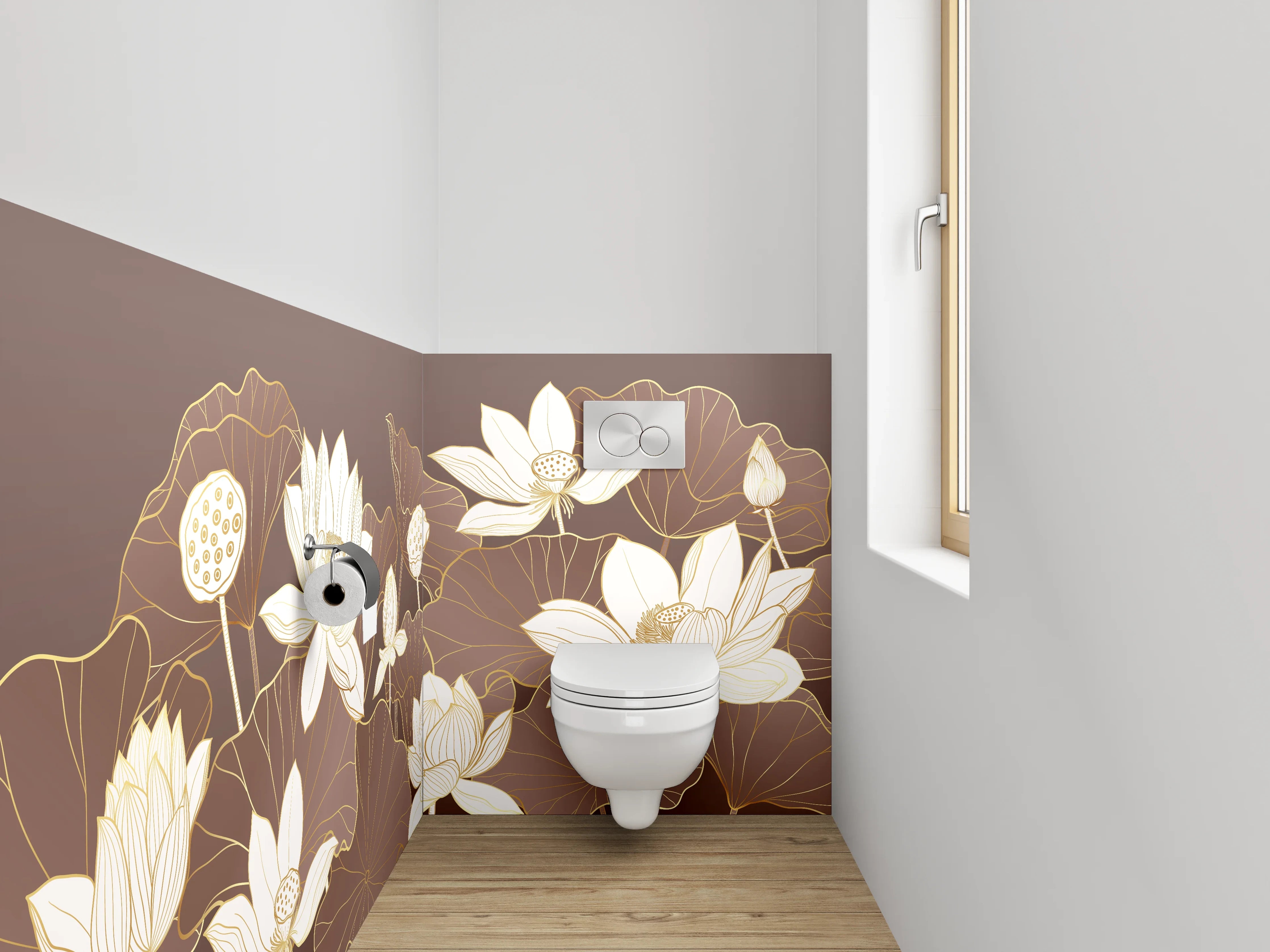 WC-Rückwand - Edles Lotusblumen-Design Braun Beige Gold
