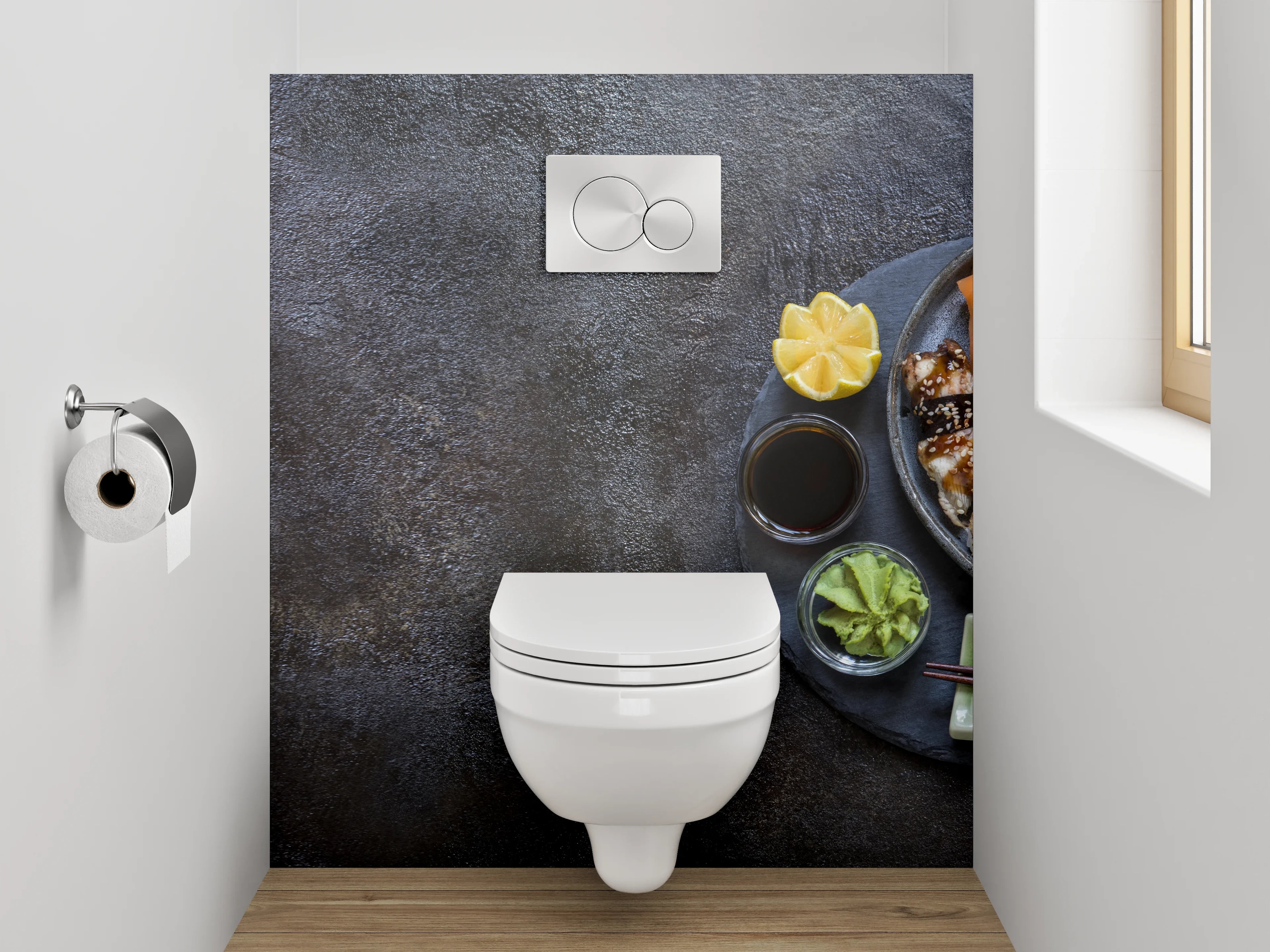 WC-Rückwand - Edles Sushi-Arrangement auf dunklem Stein