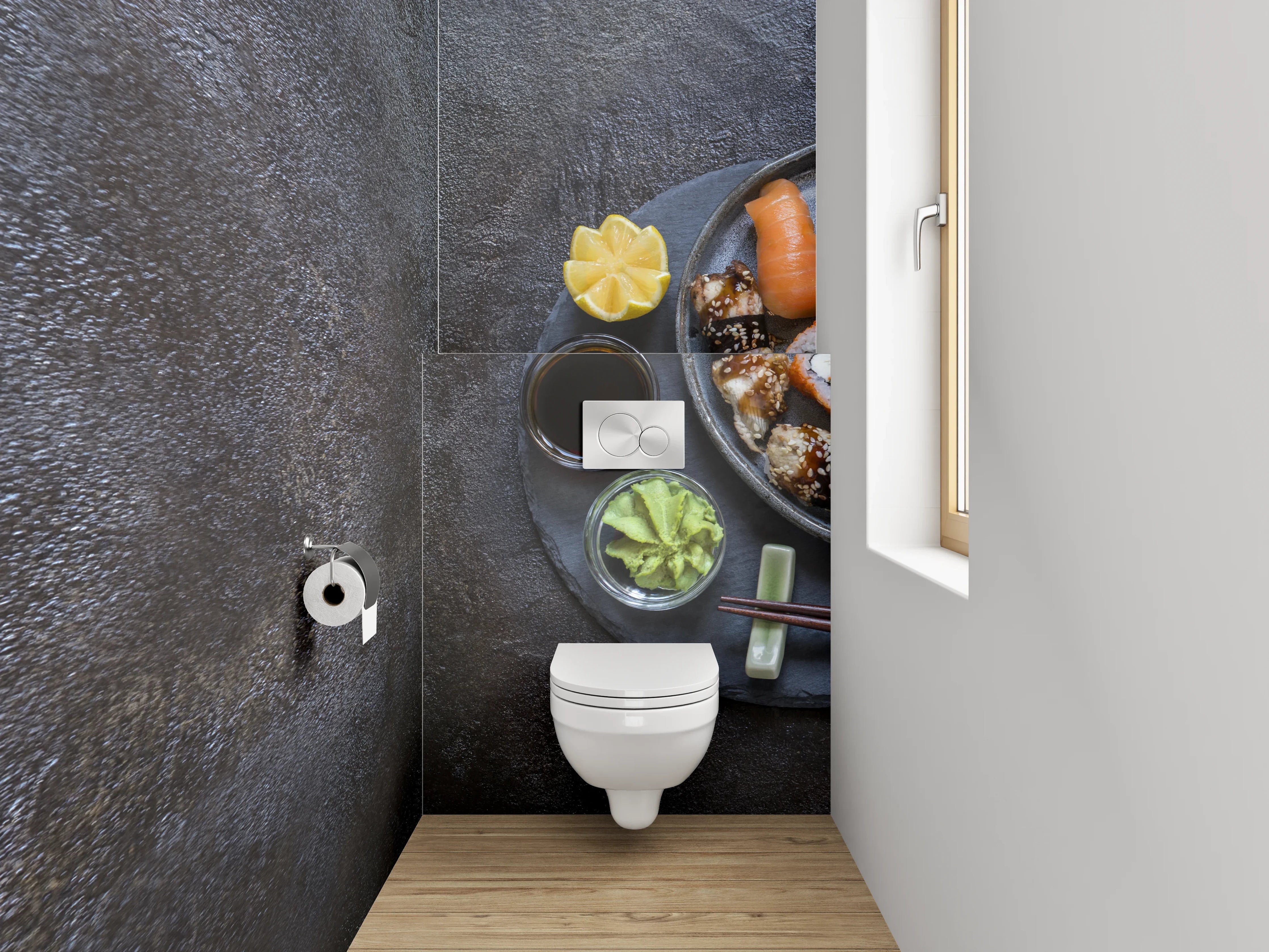 WC-Rückwand - Edles Sushi-Arrangement auf dunklem Stein