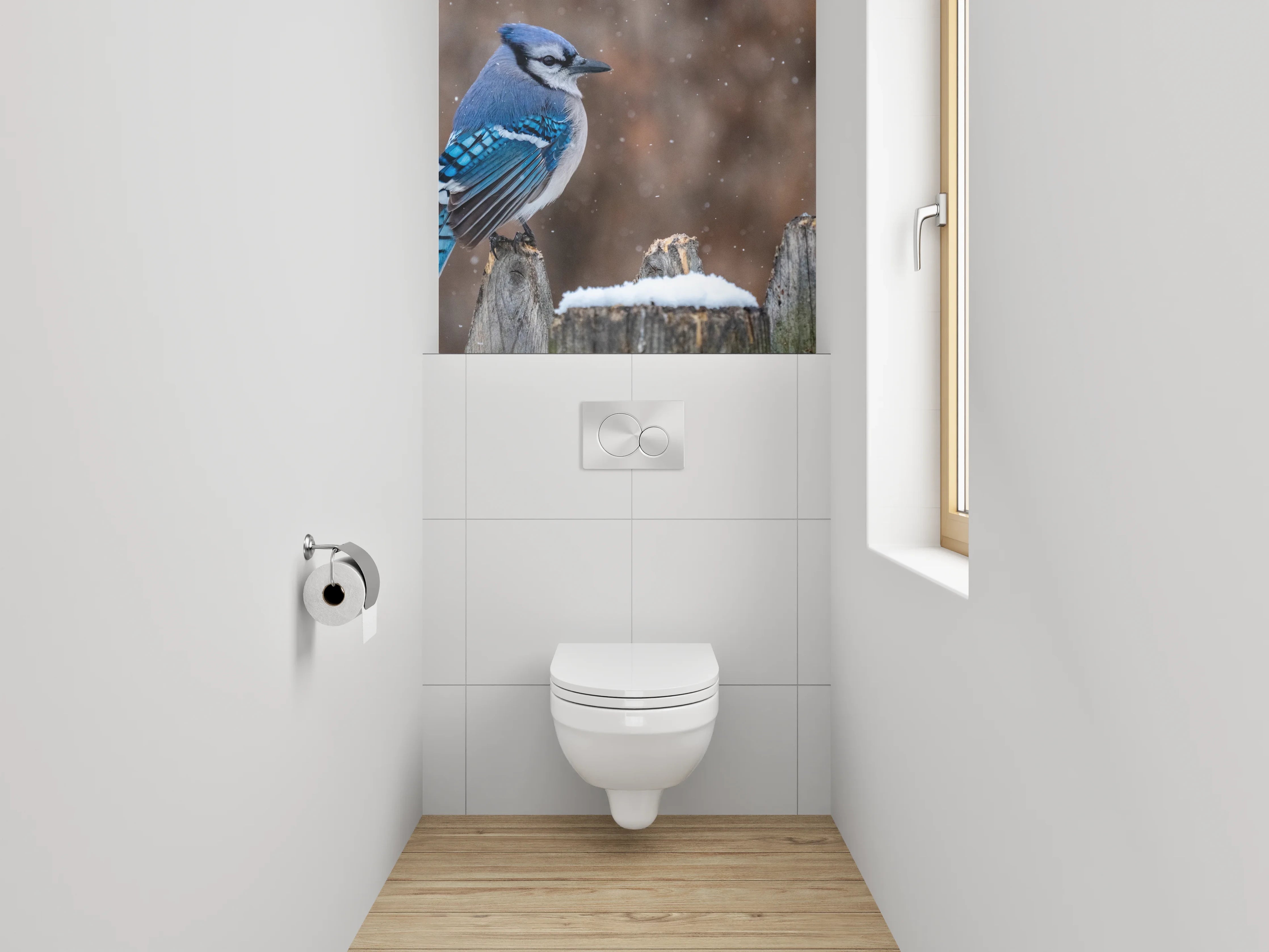 WC-Rückwand - Eichelhäher im Schnee – Wintervogel