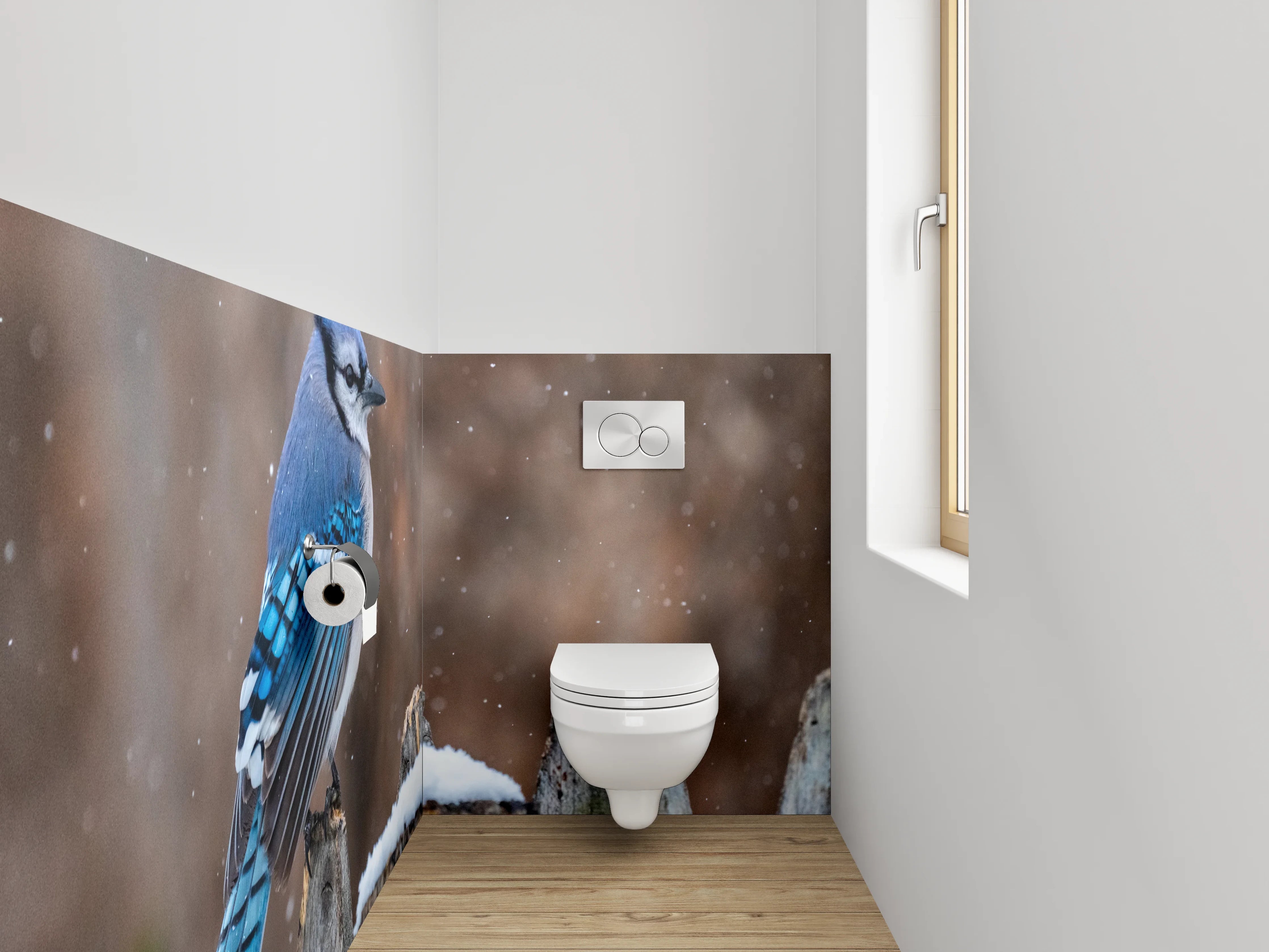WC-Rückwand - Eichelhäher im Schnee – Wintervogel