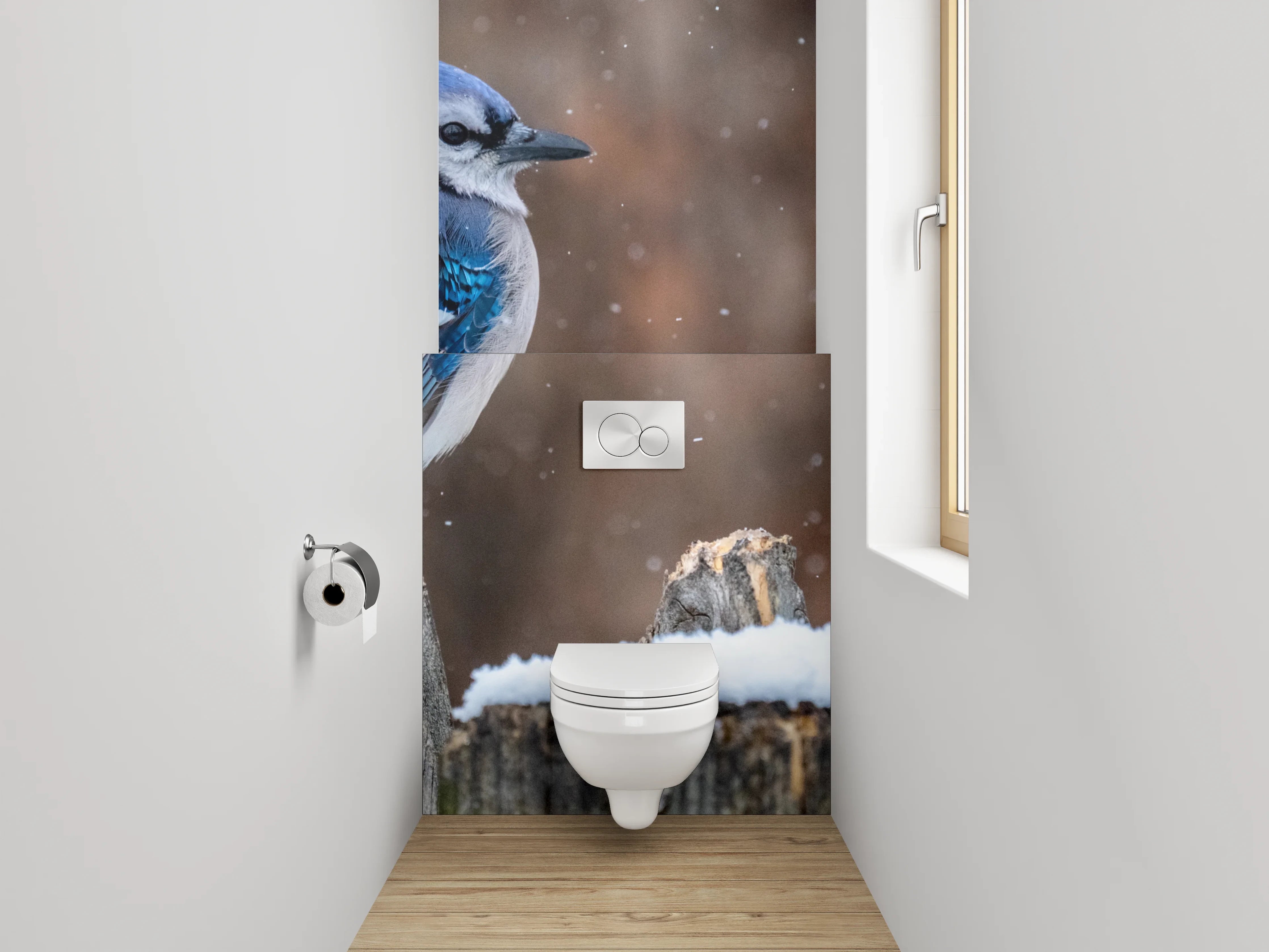 WC-Rückwand - Eichelhäher im Schnee – Wintervogel
