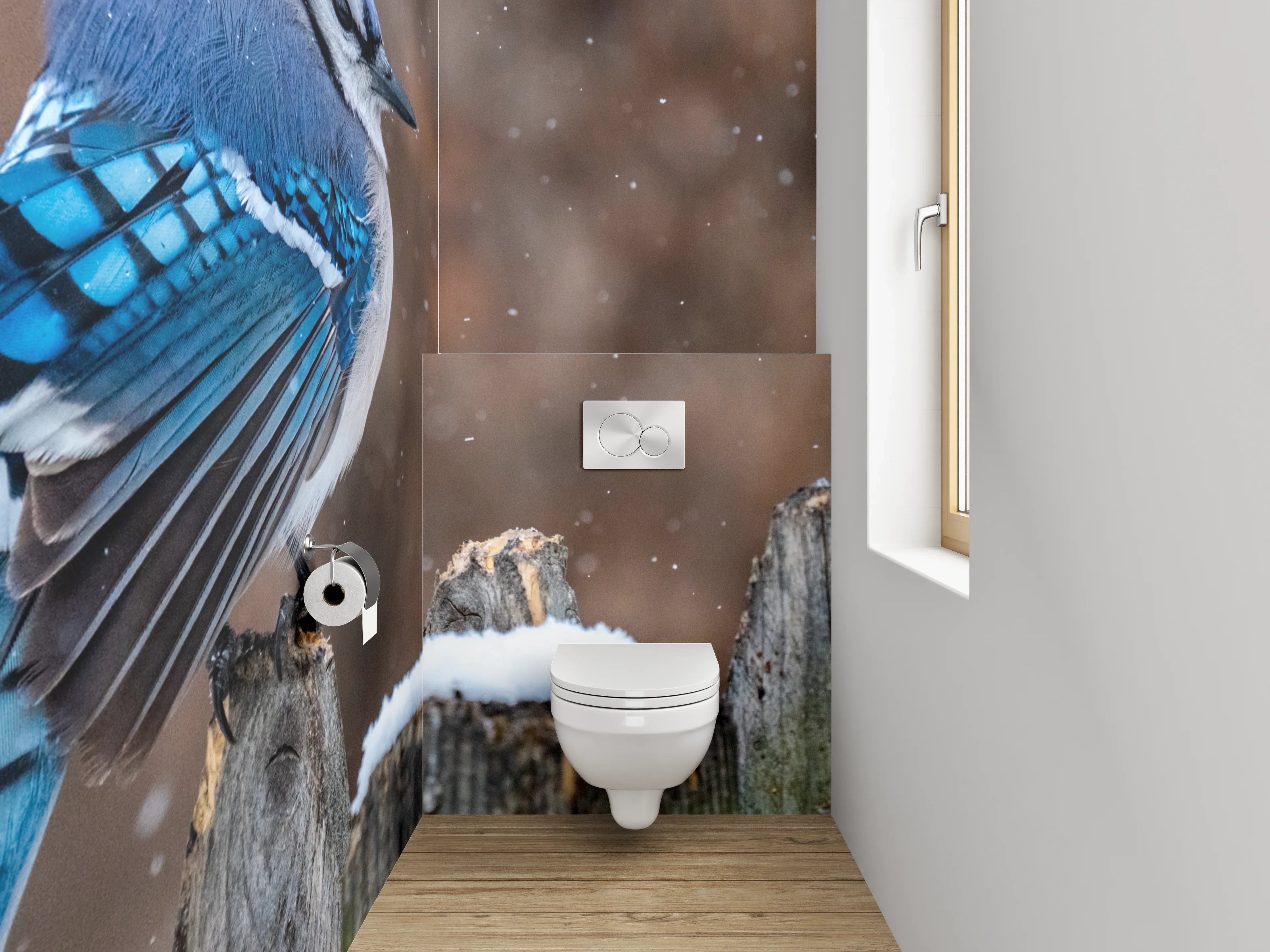 WC-Rückwand - Eichelhäher im Schnee – Wintervogel