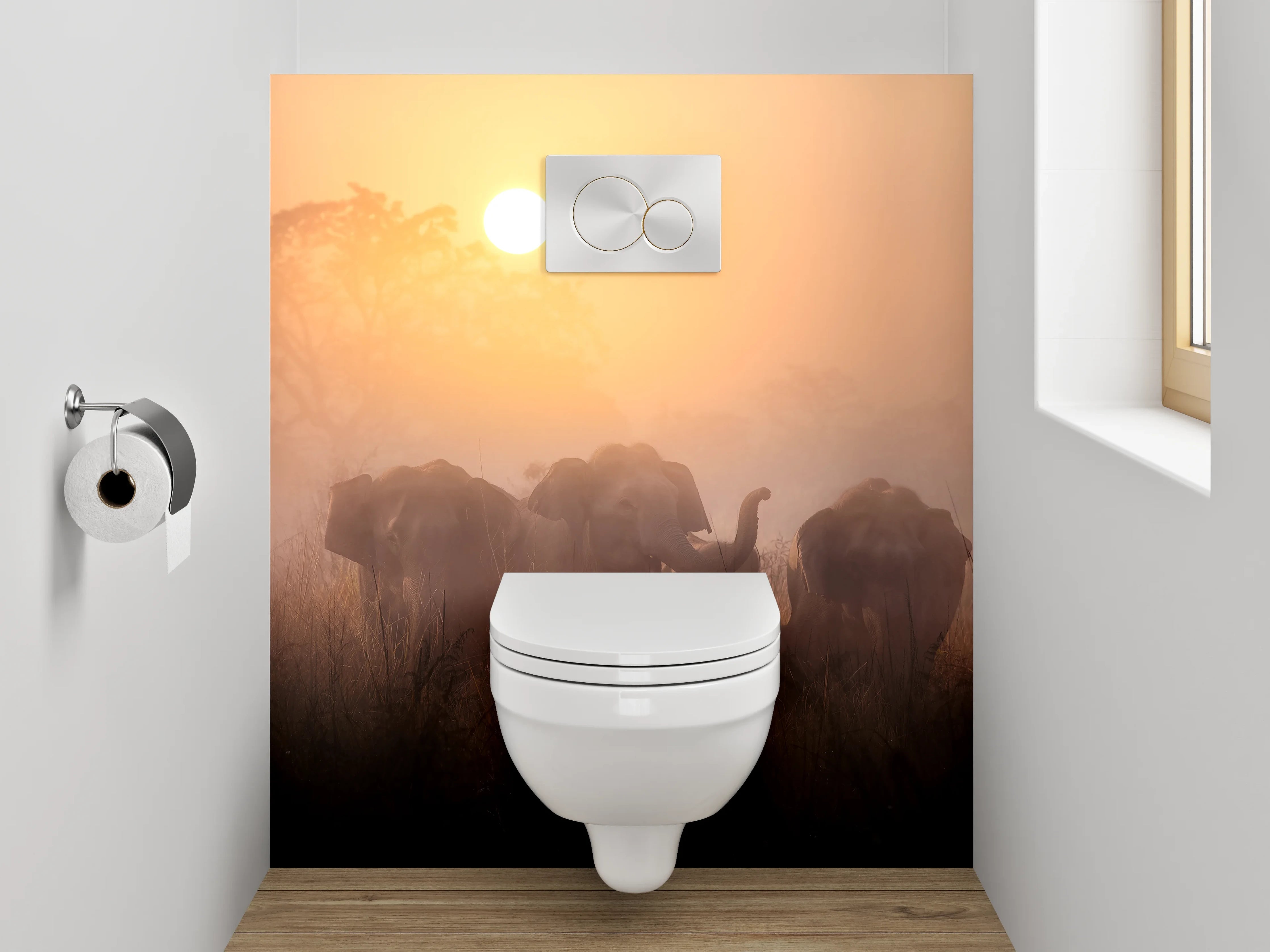 WC-Rückwand - Elefanten im Sonnenaufgang Savanne