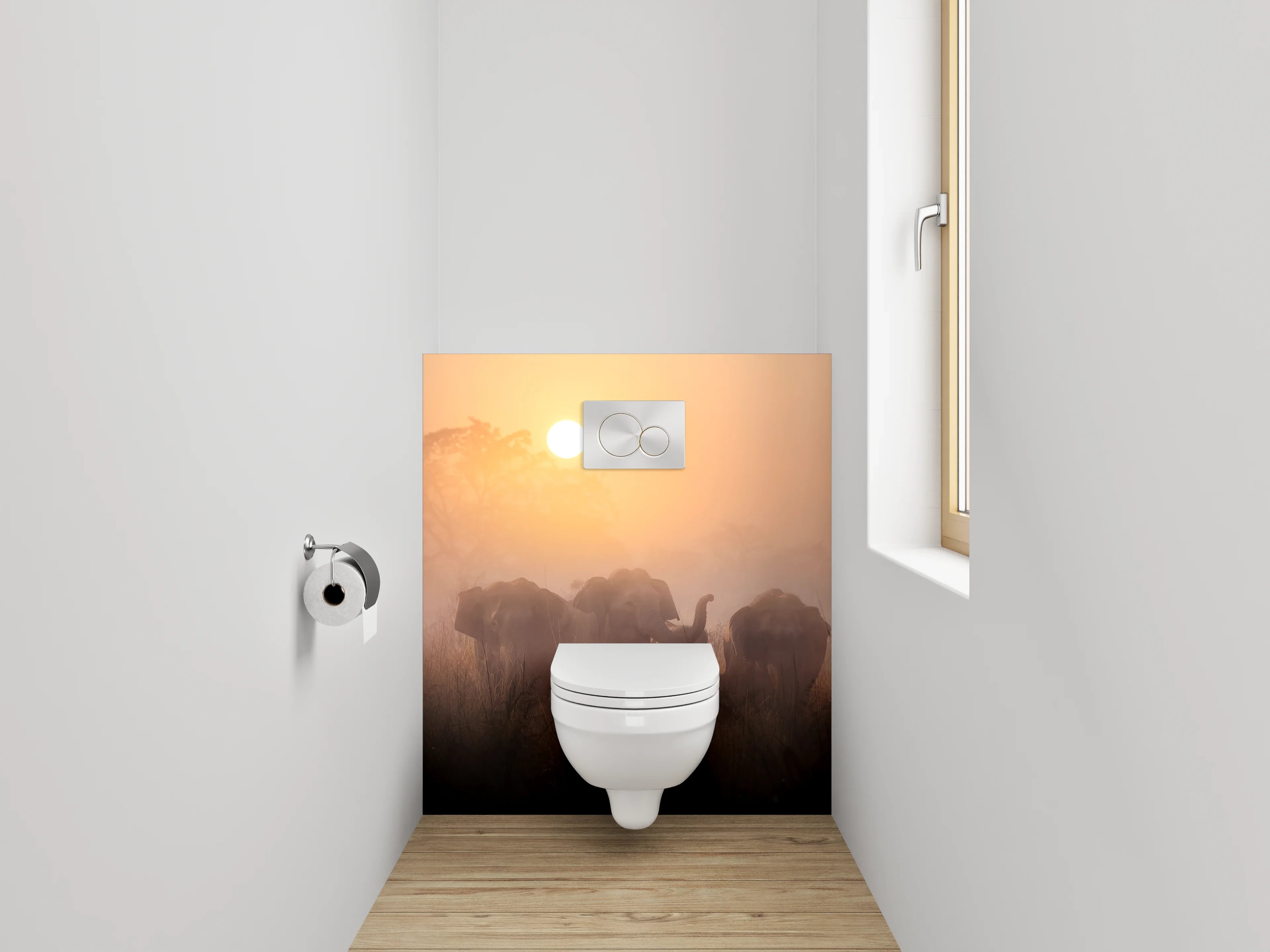 WC-Rückwand - Elefanten im Sonnenaufgang Savanne