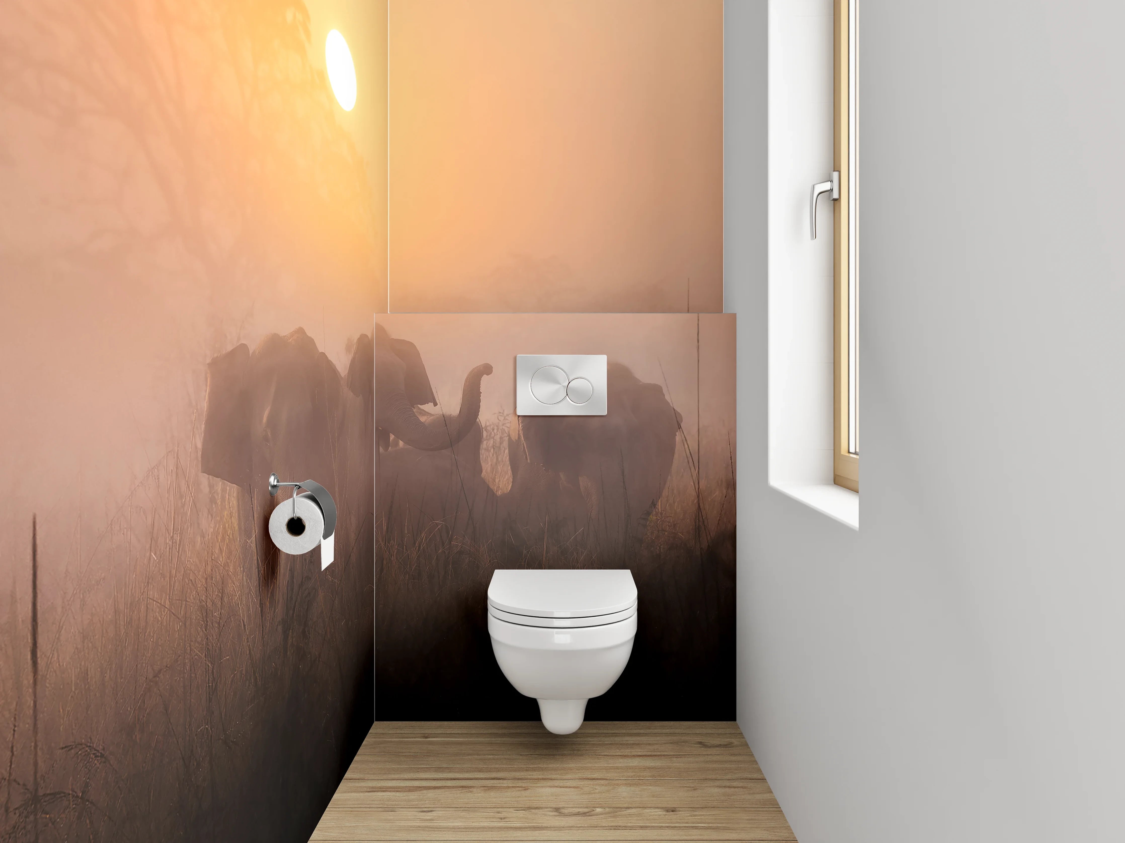 WC-Rückwand - Elefanten im Sonnenaufgang Savanne